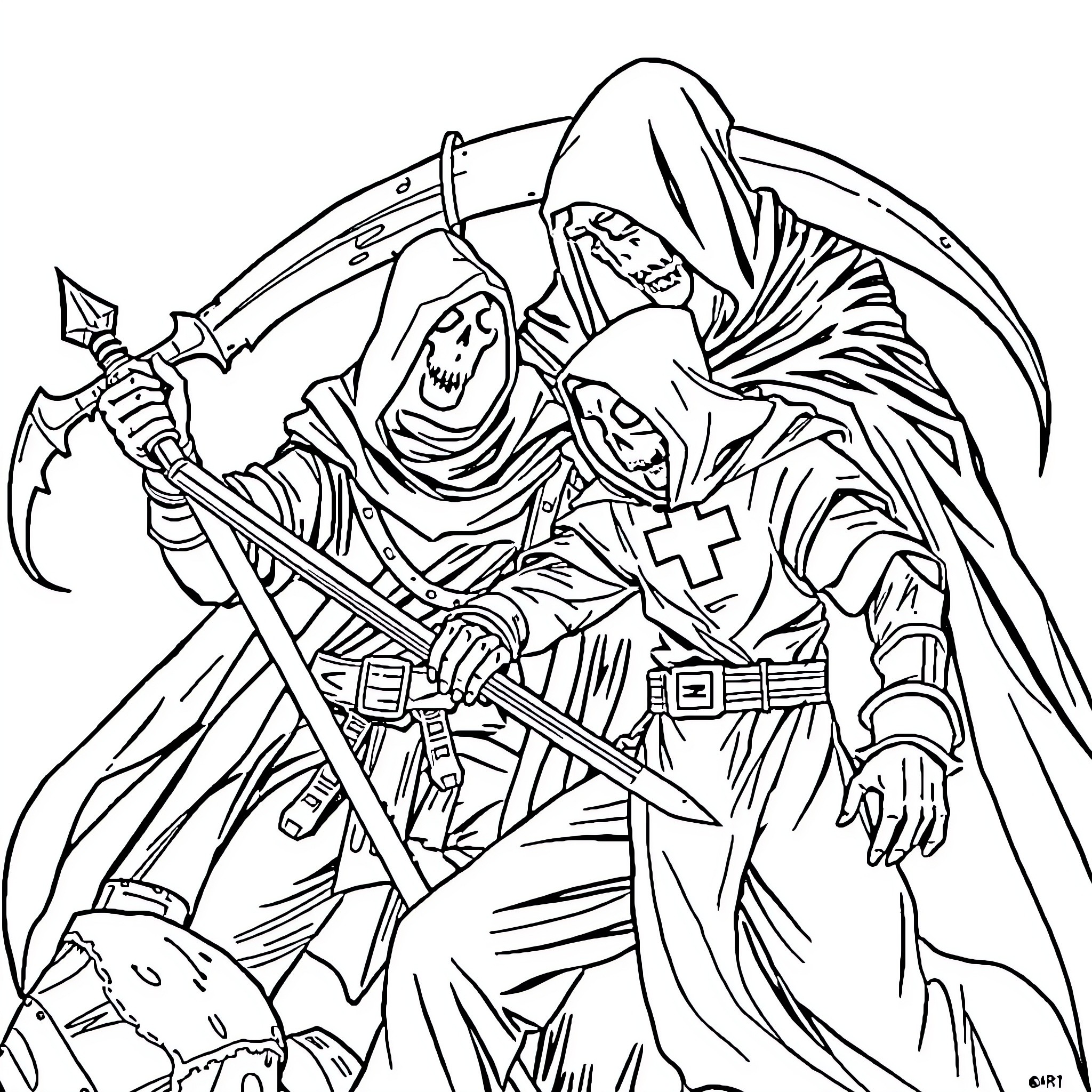 Medic Reaper Wielding Scythe and Tending to the Wounded Coloring Page (free black-and-white line drawing printable PDF for all, from beginners to advanced learners, including children, teens, adults, and seniors)