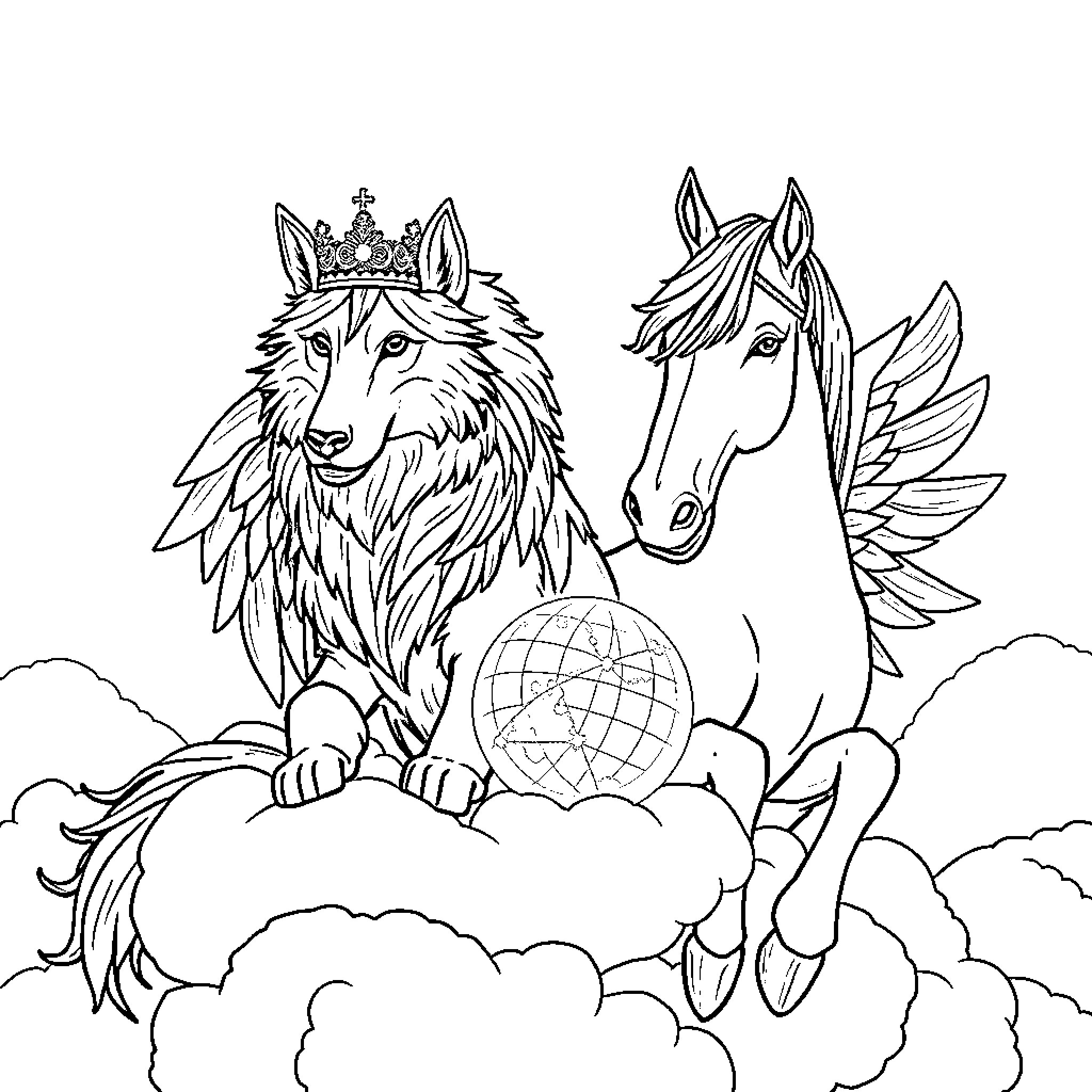 Wolf and Winged Horse in Cloudy Sky Coloring Page (free black-and-white line drawing printable PDF for all, from beginners to advanced learners, including children, teens, adults, and seniors)