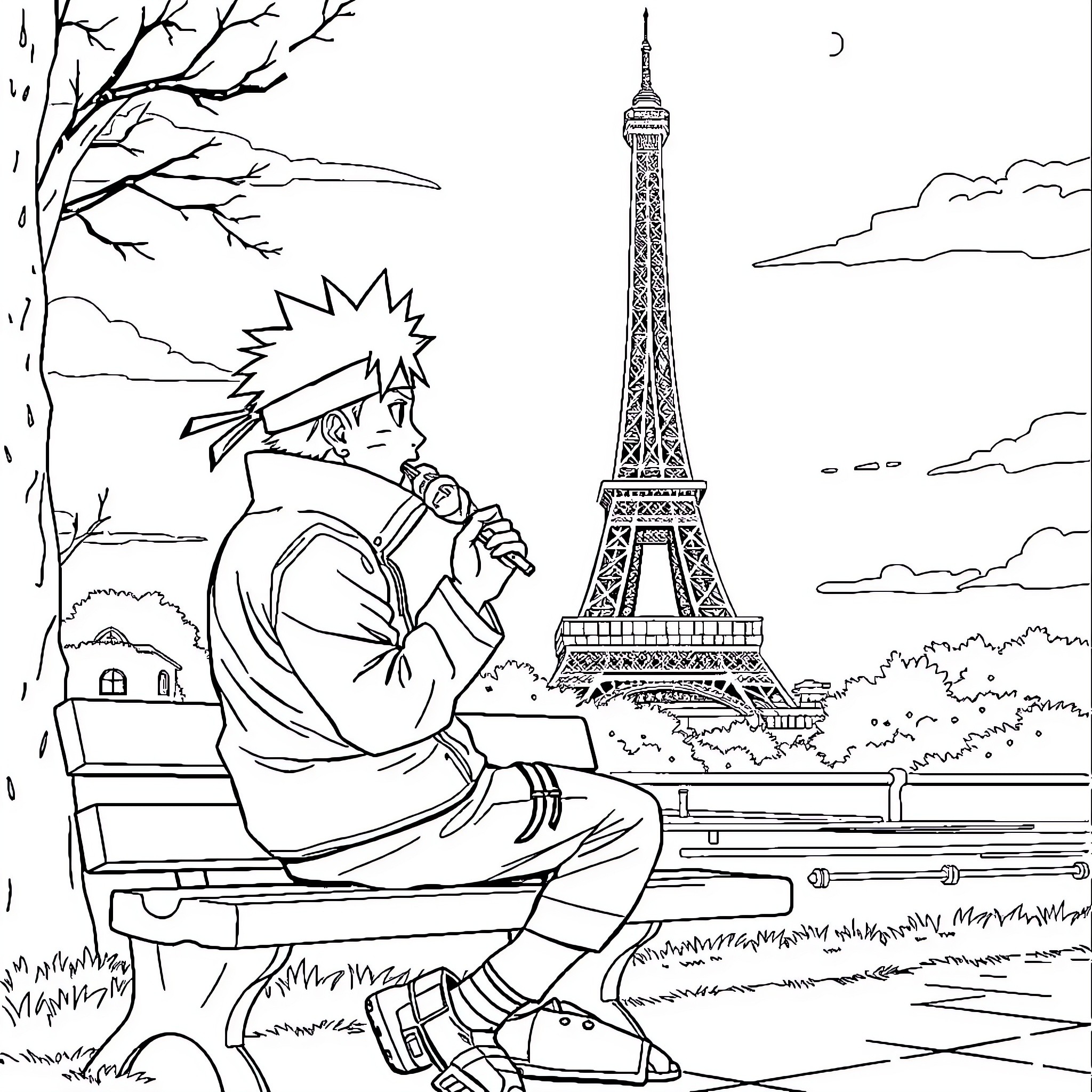 Naruto enjoying the sights of Paris Coloring Page (free black-and-white line drawing printable PDF for all, from beginners to advanced learners, including children, teens, adults, and seniors)