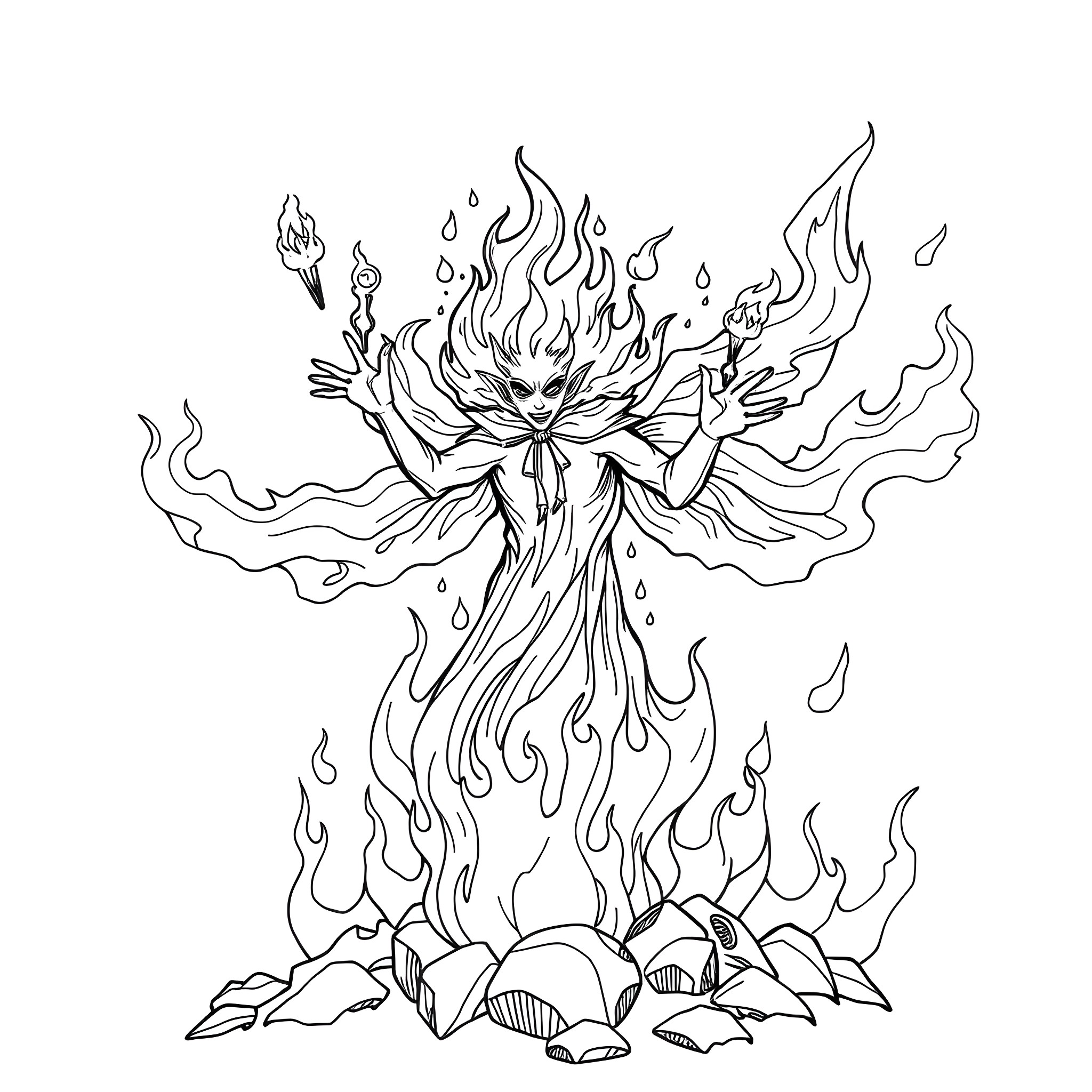 Fire Spirit Emerging from Flames and Rocks Coloring Page (free black-and-white line drawing printable PDF for all, from beginners to advanced learners, including children, teens, adults, and seniors)