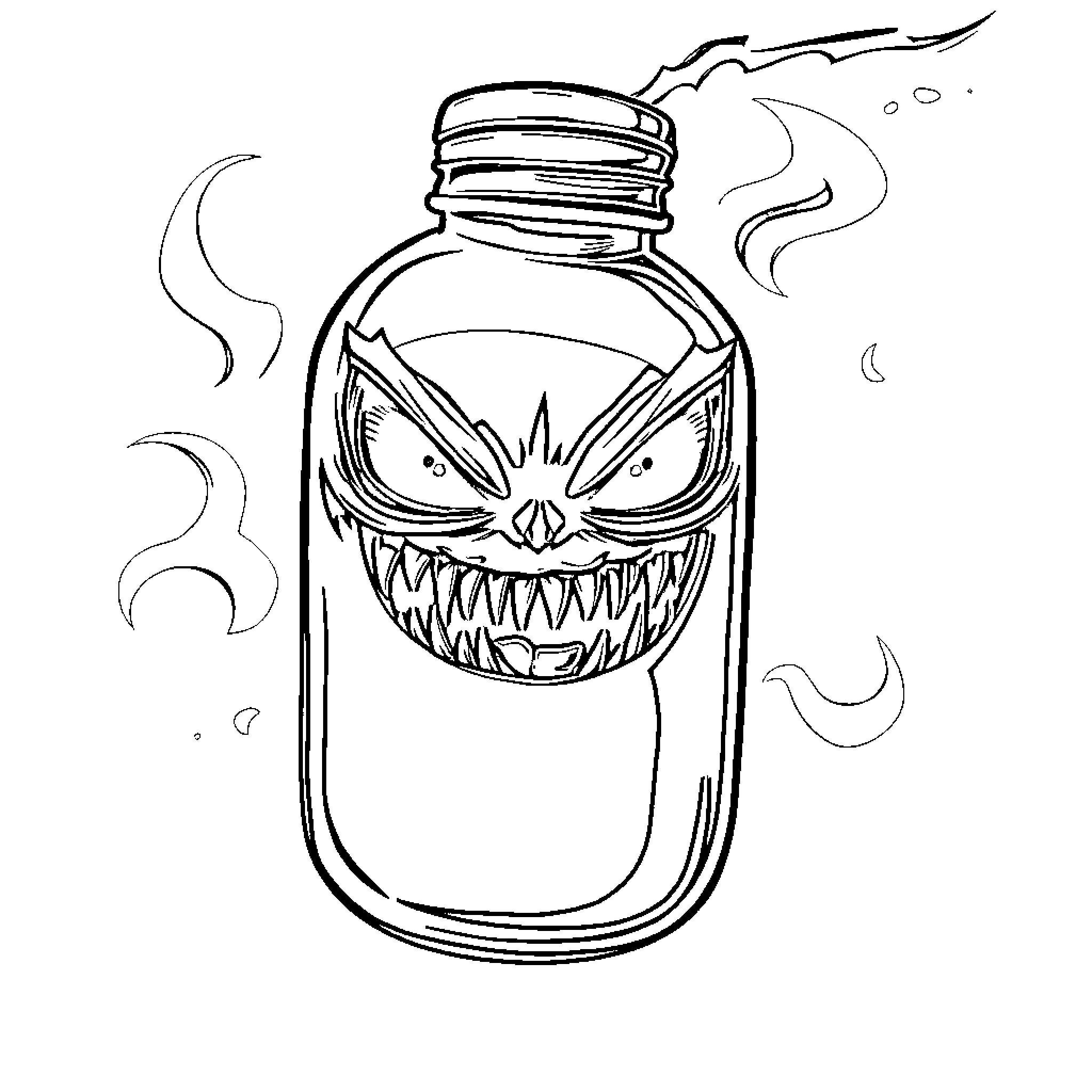 Baby Bottle with Scary Face in Darkness Coloring Page (free black-and-white line drawing printable PDF for all, from beginners to advanced learners, including children, teens, adults, and seniors)