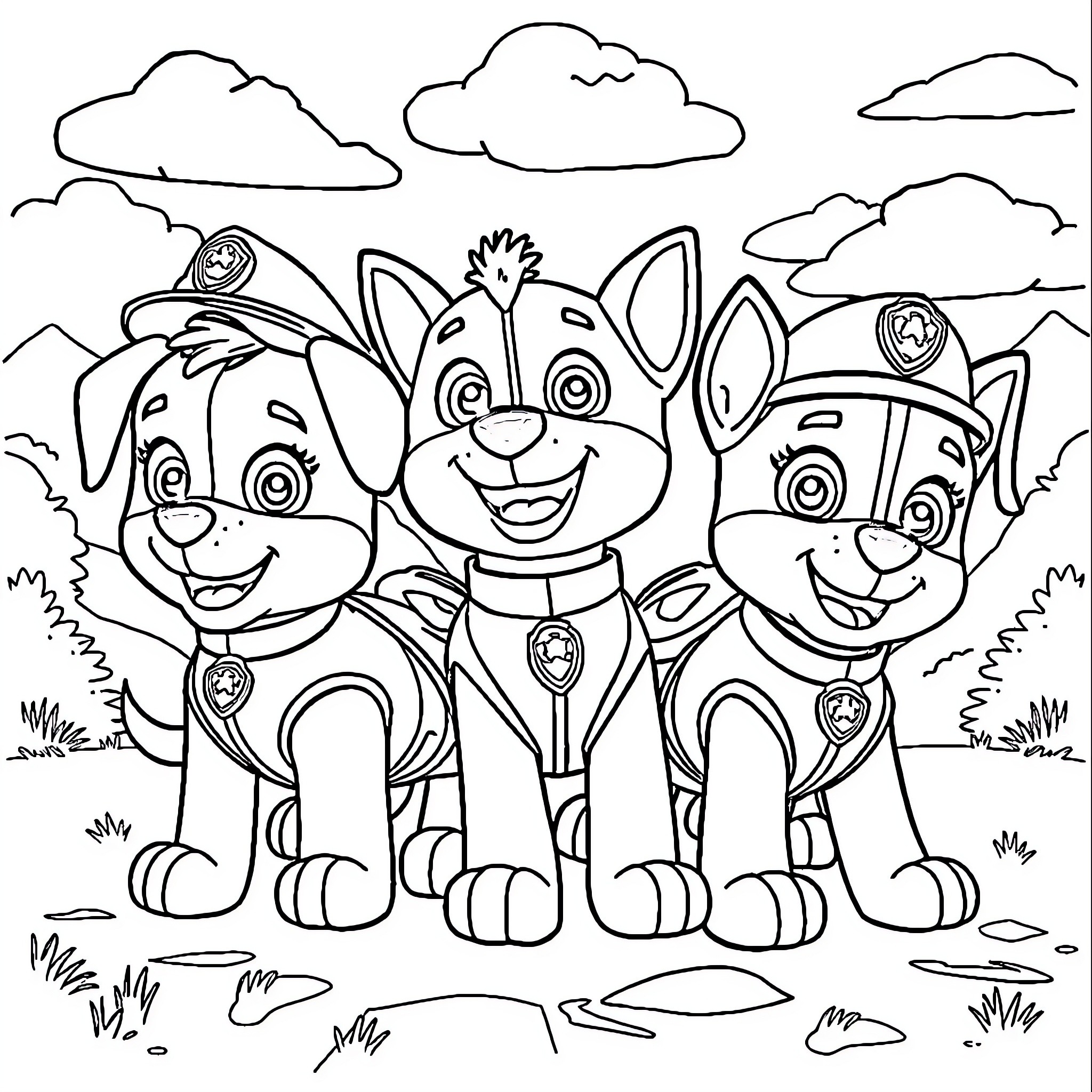 Paw Patrol pups in action on a cloudy day Coloring Page (free black-and-white line drawing printable PDF for all, from beginners to advanced learners, including children, teens, adults, and seniors)