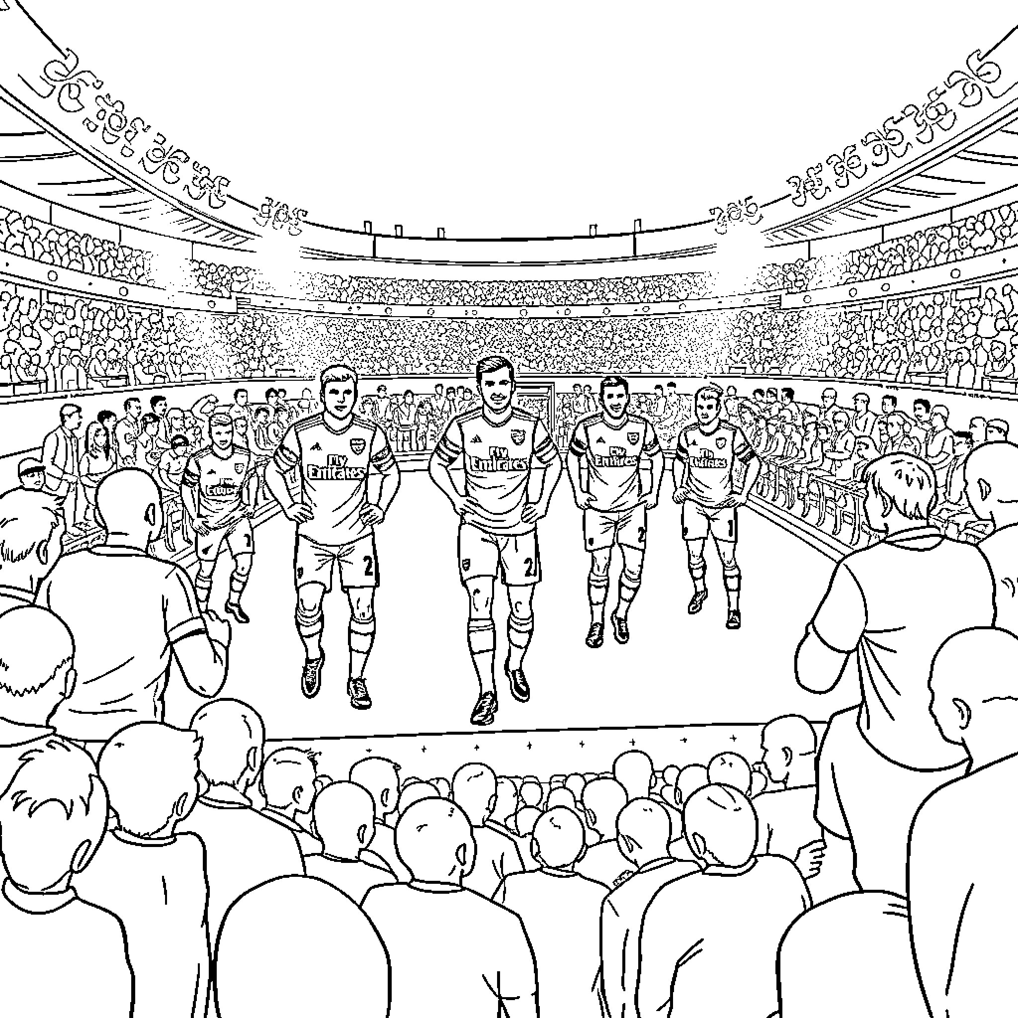 Football players entering the packed stadium field Coloring Page (free black-and-white line drawing printable PDF for all, from beginners to advanced learners, including children, teens, adults, and seniors)