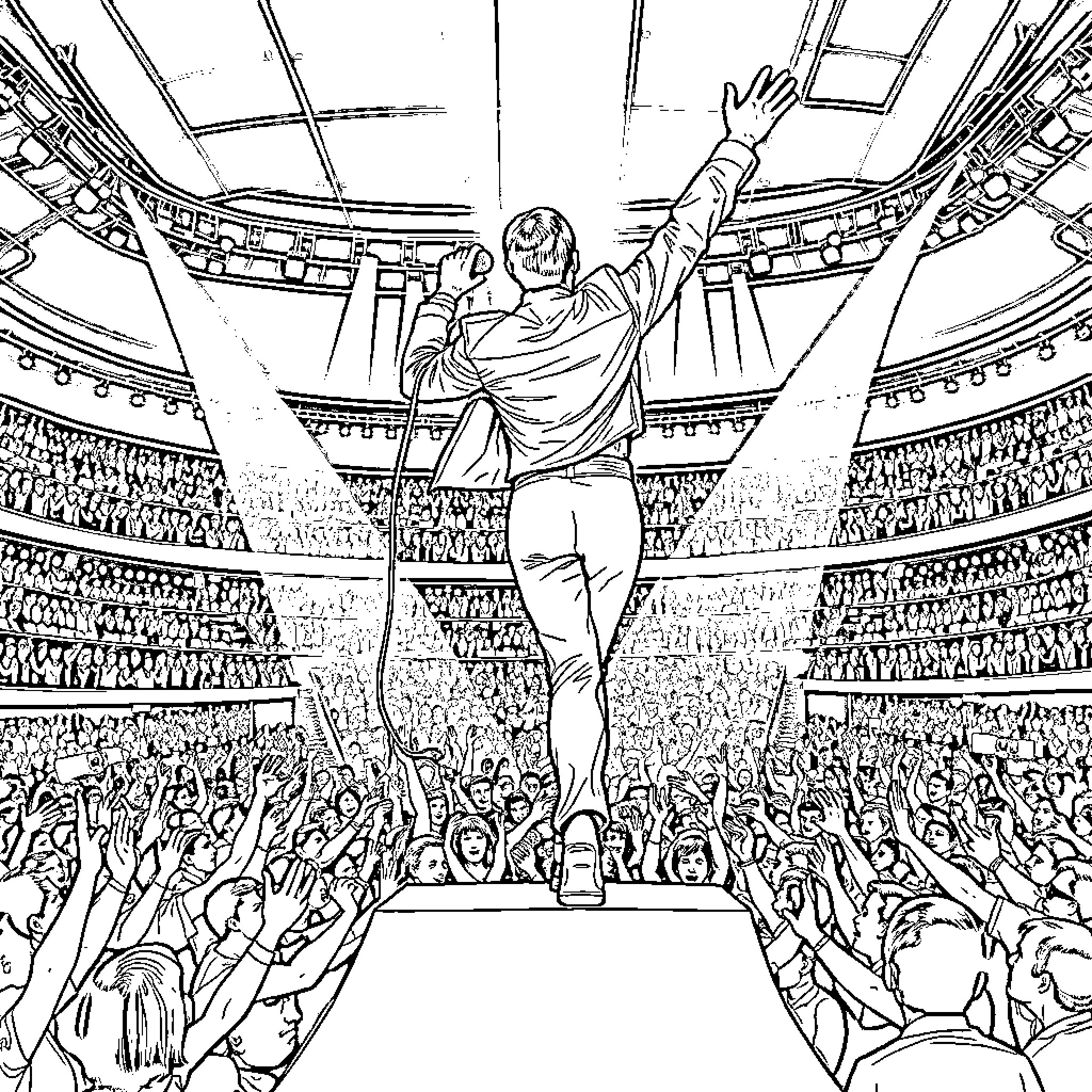 Freddie Mercury Performing Triumphantly on Stage Coloring Page (free black-and-white line drawing printable PDF for all, from beginners to advanced learners, including children, teens, adults, and seniors)