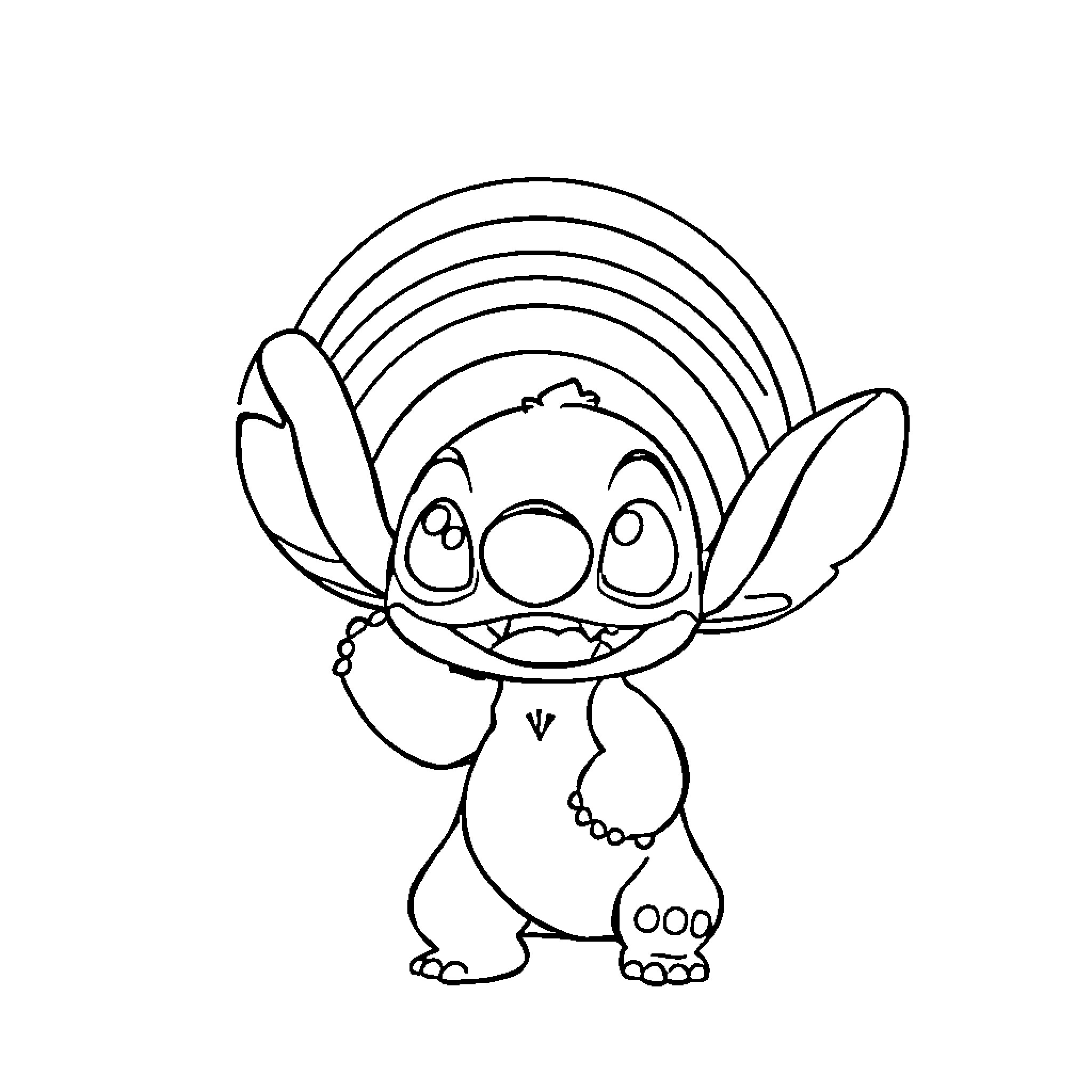 Stitch posing with a colorful rainbow Coloring Page (free black-and-white line drawing printable PDF for all, from beginners to advanced learners, including children, teens, adults, and seniors)