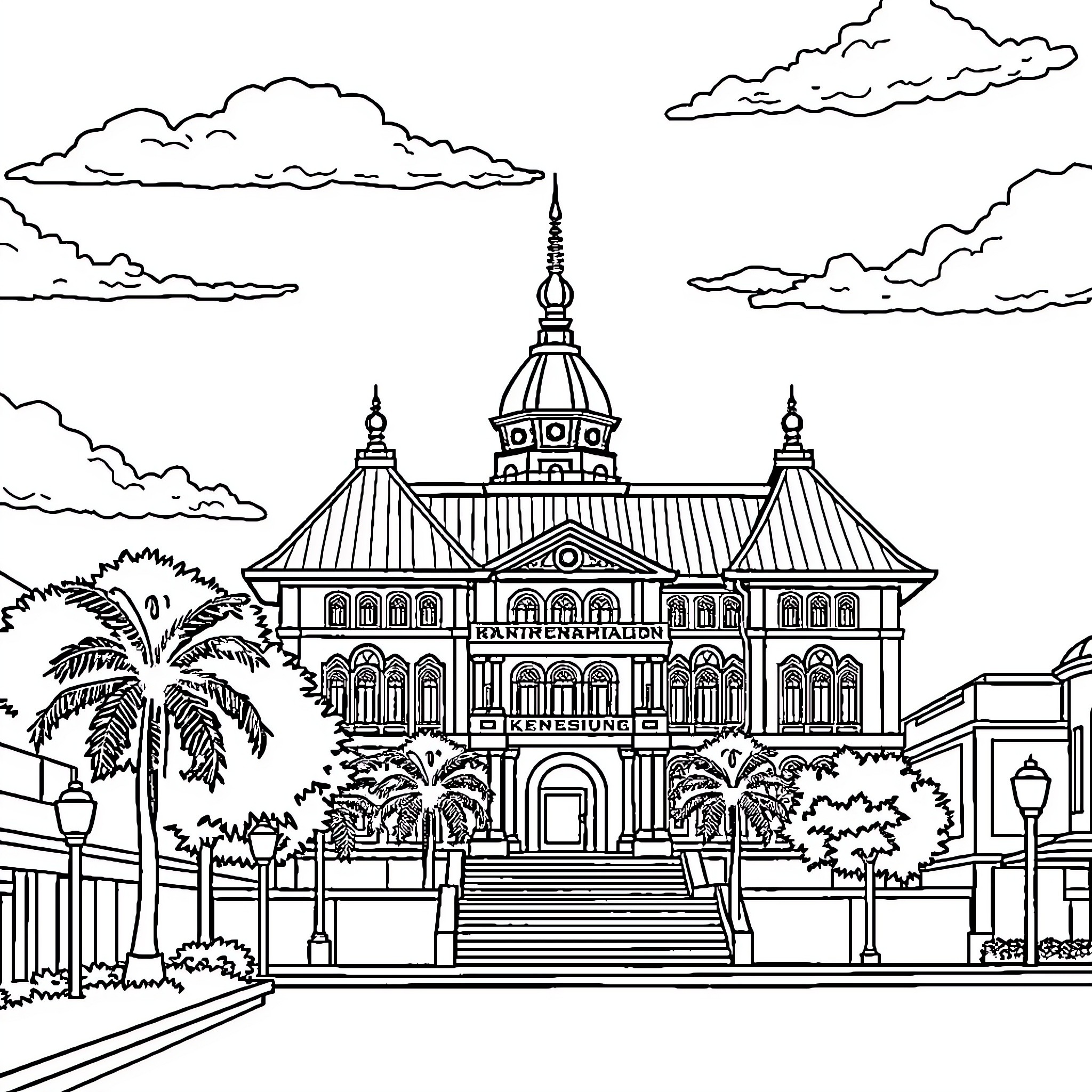 Building with ornate architecture and domes Coloring Page (free black-and-white line drawing printable PDF for all, from beginners to advanced learners, including children, teens, adults, and seniors)