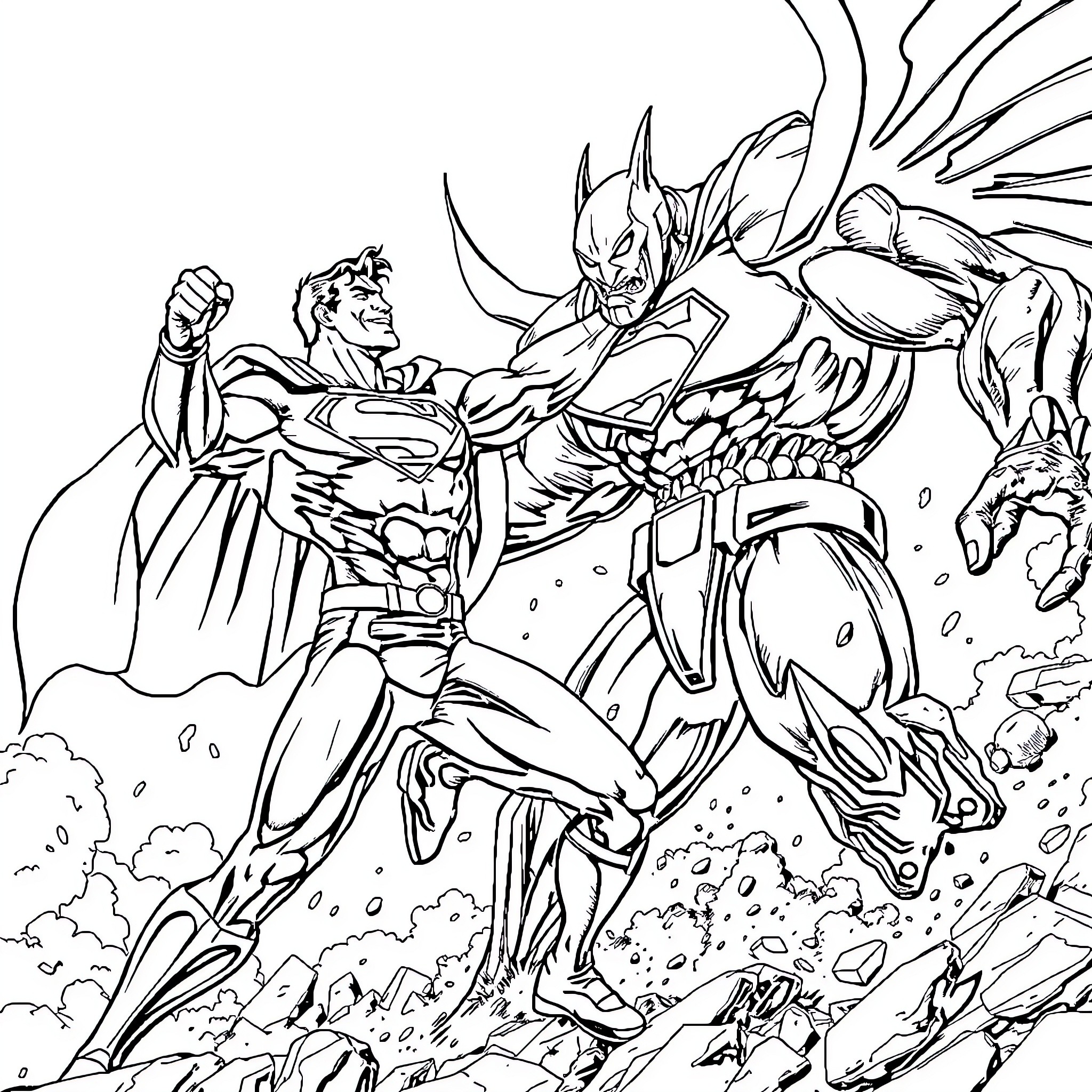 Superman battling a powerful foe in an intense showdown Coloring Page (free black-and-white line drawing printable PDF for all, from beginners to advanced learners, including children, teens, adults, and seniors)