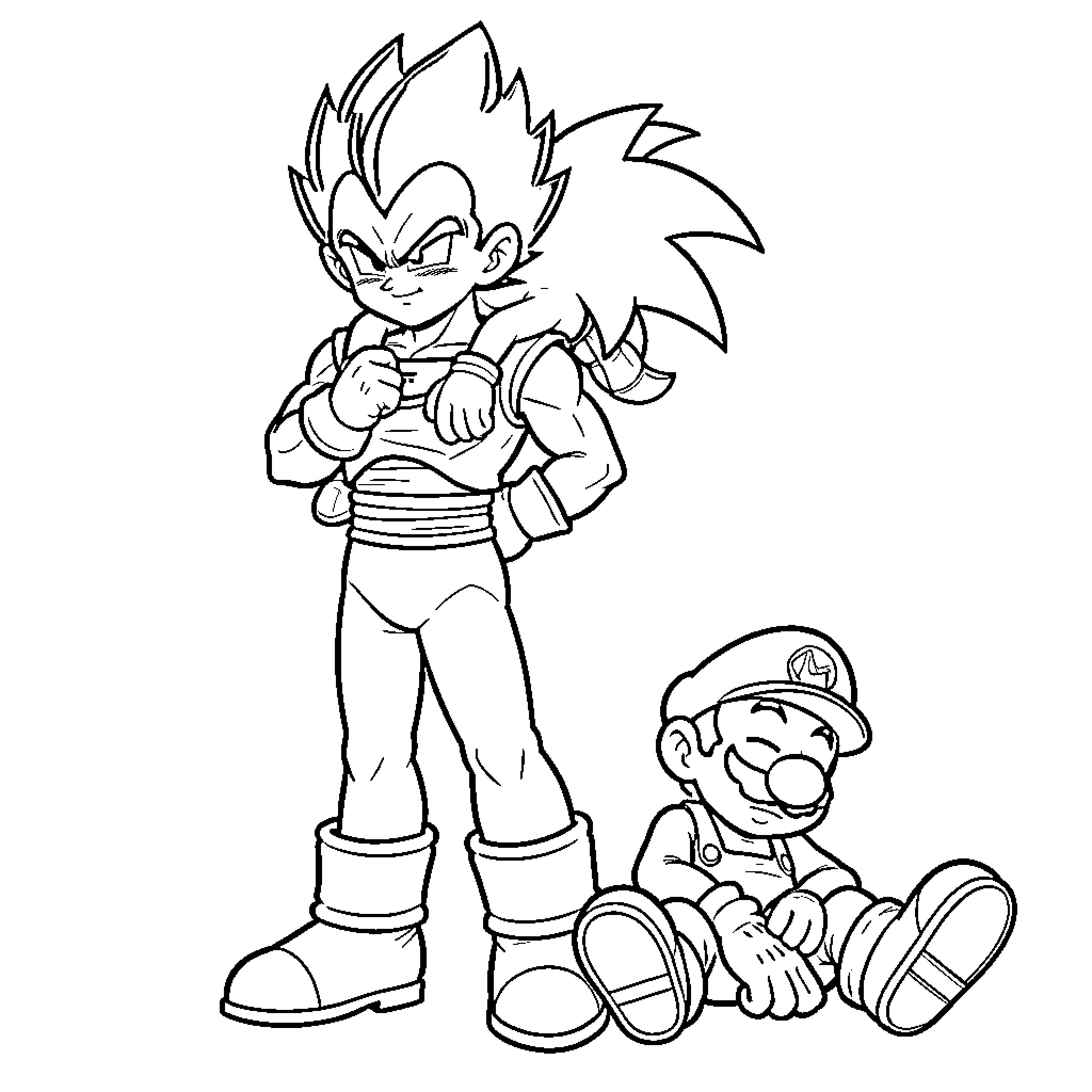 Vegeta standing confidently next to a sitting Mario Coloring Page (free black-and-white line drawing printable PDF for all, from beginners to advanced learners, including children, teens, adults, and seniors)