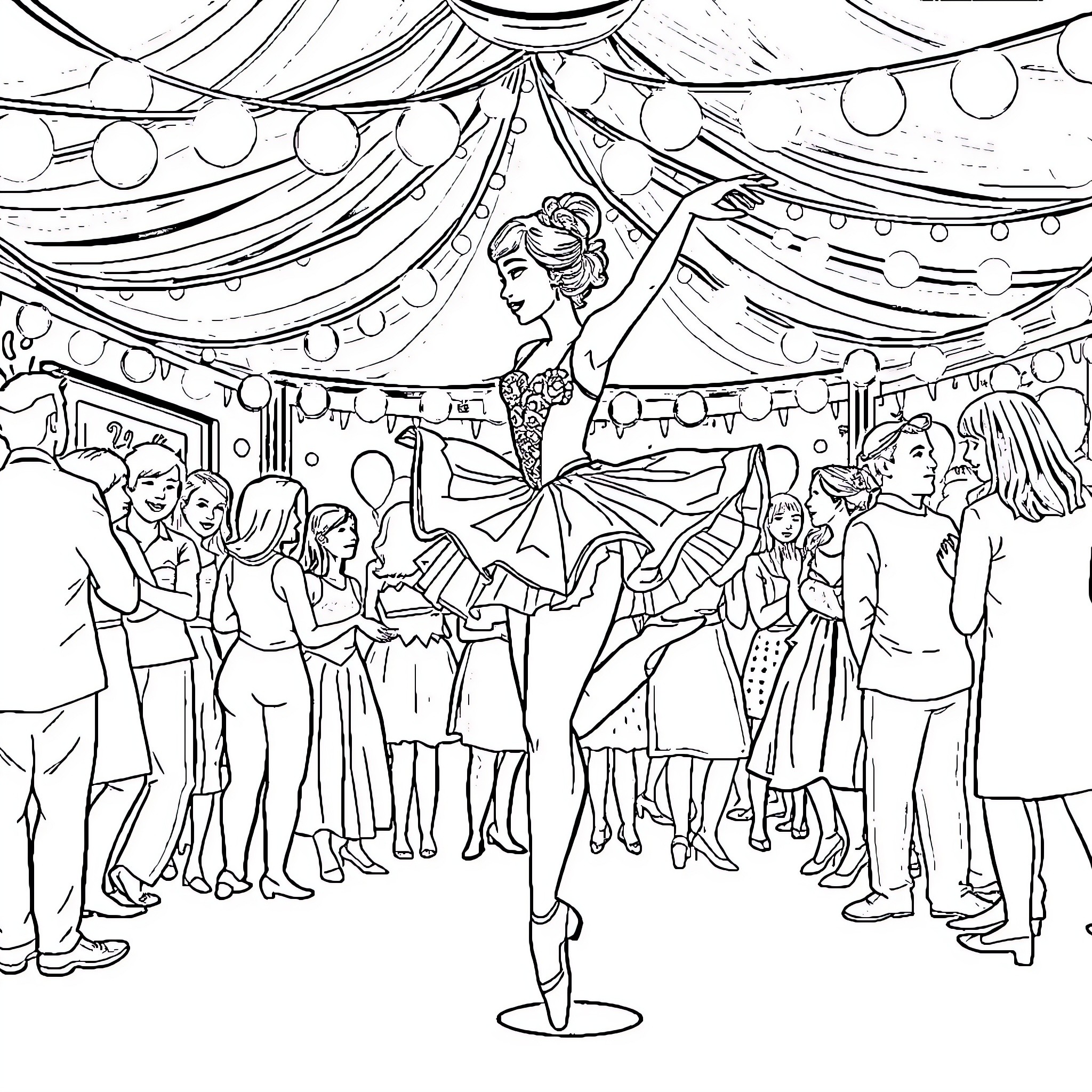 Ballerina performing gracefully at a grand celebration Coloring Page (free black-and-white line drawing printable PDF for all, from beginners to advanced learners, including children, teens, adults, and seniors)
