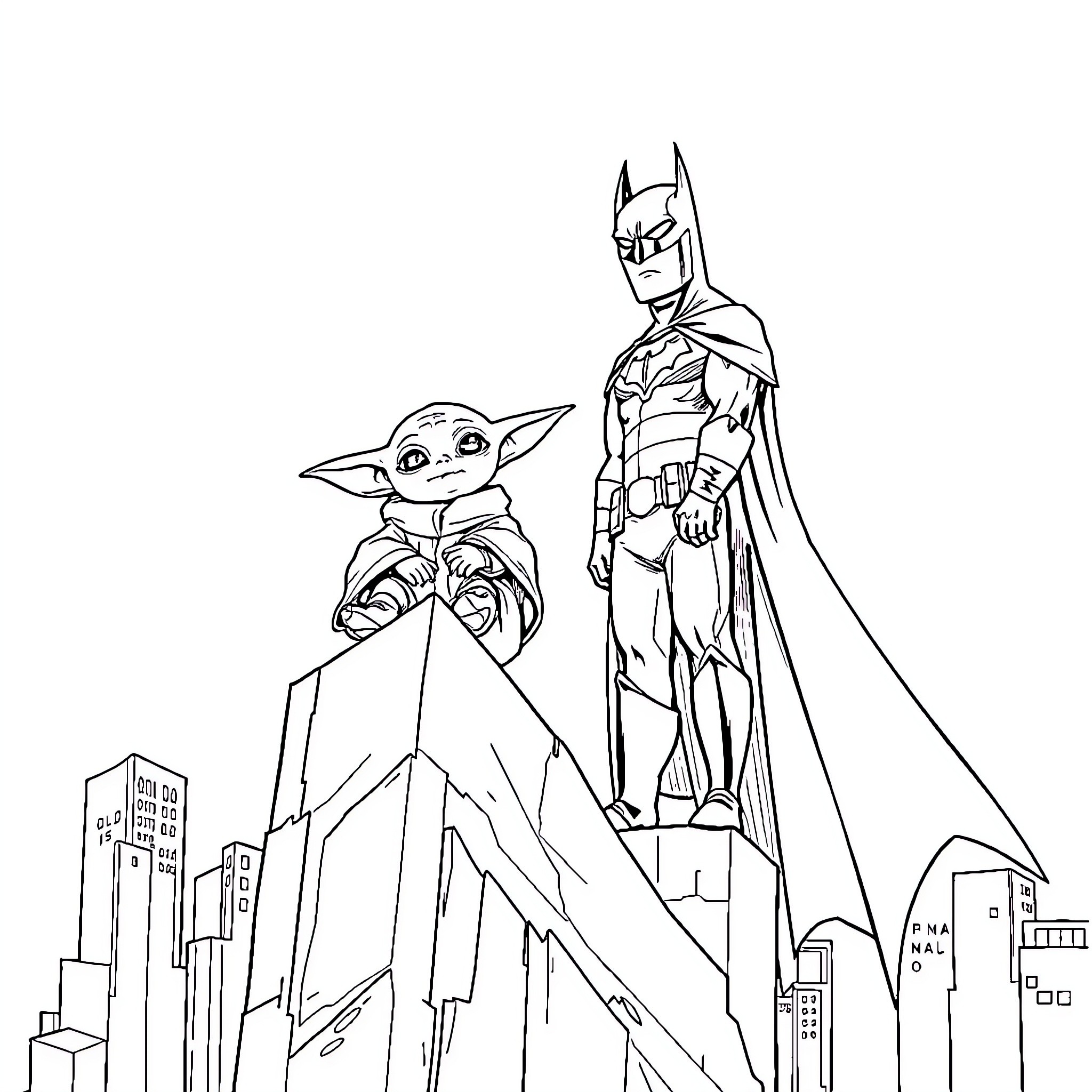 Baby Yoda and Batman survey the city Coloring Page (free black-and-white line drawing printable PDF for all, from beginners to advanced learners, including children, teens, adults, and seniors)