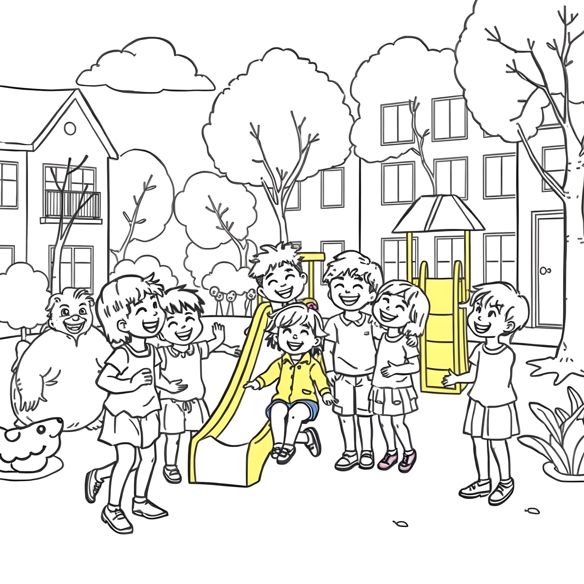 Children playing happily in the neighborhood Coloring Page (free black-and-white line drawing printable PDF for all, from beginners to advanced learners, including children, teens, adults, and seniors)