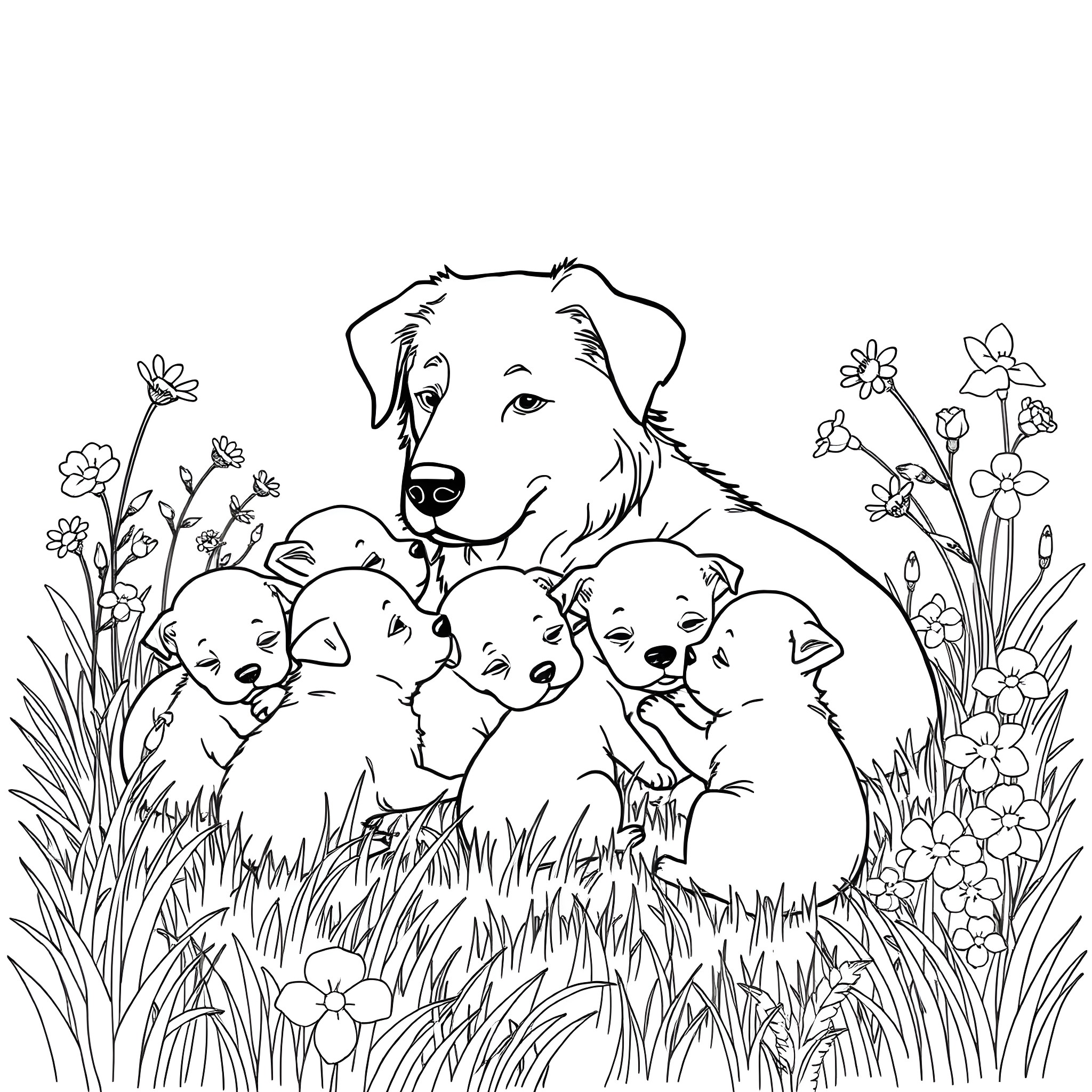 Dog and her puppies playing in the flowery field Coloring Page (free black-and-white line drawing printable PDF for all, from beginners to advanced learners, including children, teens, adults, and seniors)