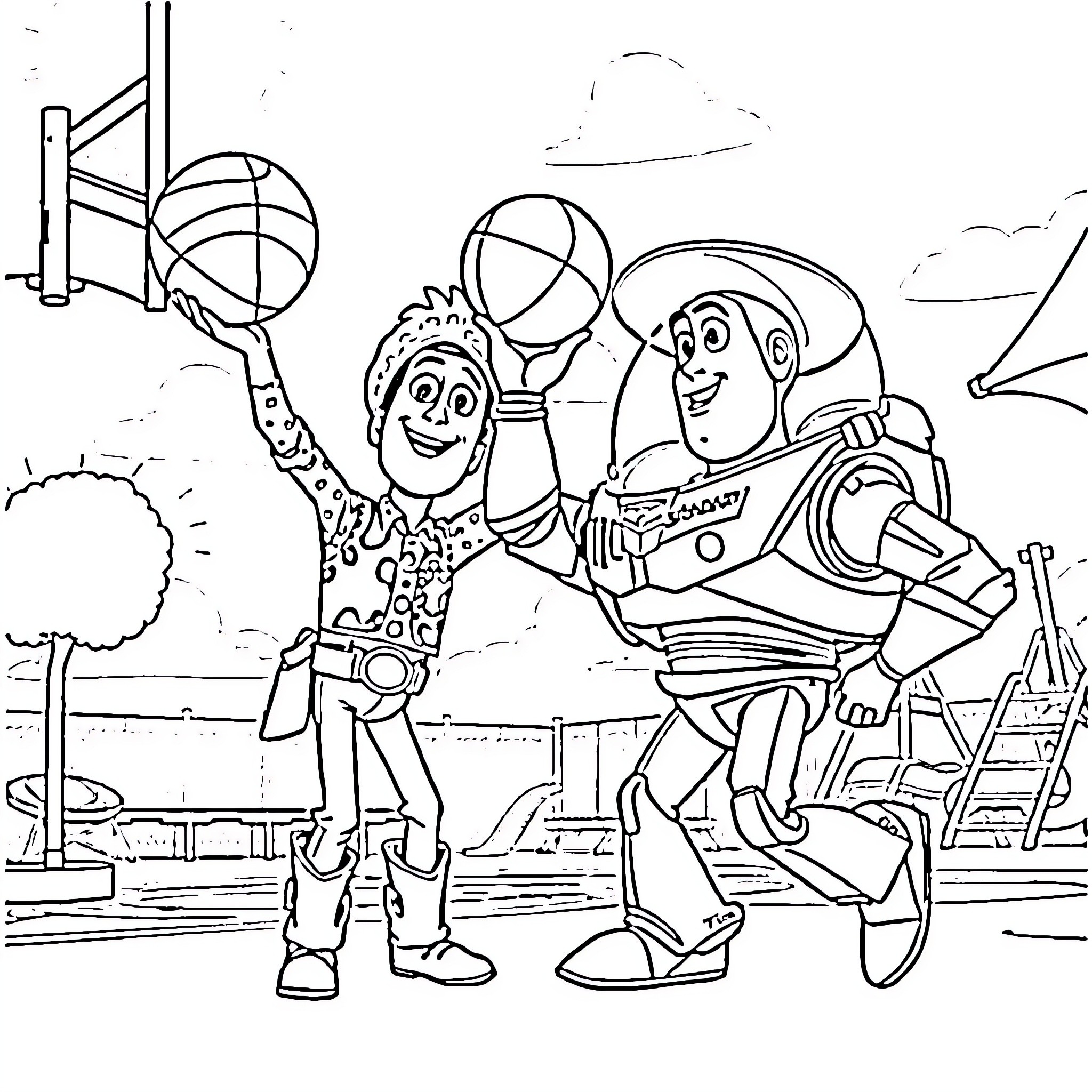 Woody and Buzz playing basketball together Coloring Page (free black-and-white line drawing printable PDF for all, from beginners to advanced learners, including children, teens, adults, and seniors)
