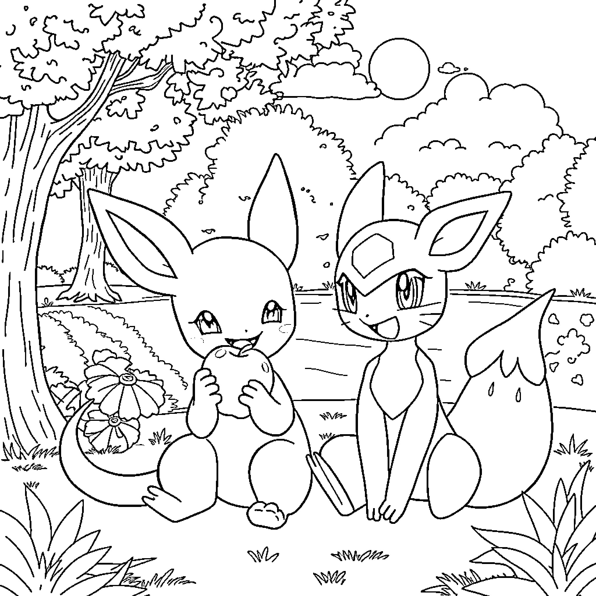 Mew Playful Companions in Nature Coloring Page (free black-and-white line drawing printable PDF for all, from beginners to advanced learners, including children, teens, adults, and seniors)