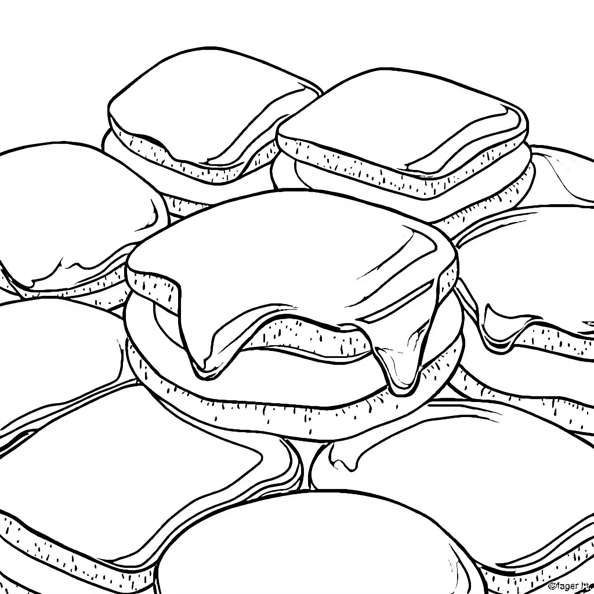 Alfajores - Artistically Arranged Dessert Treats Coloring Page (free black-and-white line drawing printable PDF for all, from beginners to advanced learners, including children, teens, adults, and seniors)