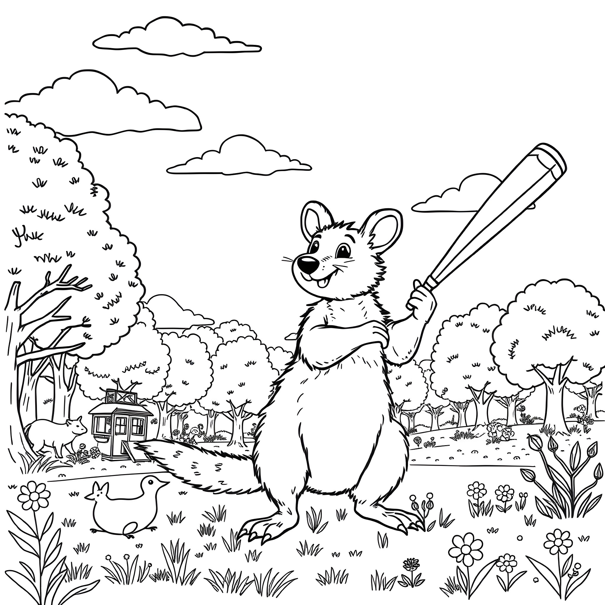 Quokka playing with a bat in a natural setting Coloring Page (free black-and-white line drawing printable PDF for all, from beginners to advanced learners, including children, teens, adults, and seniors)