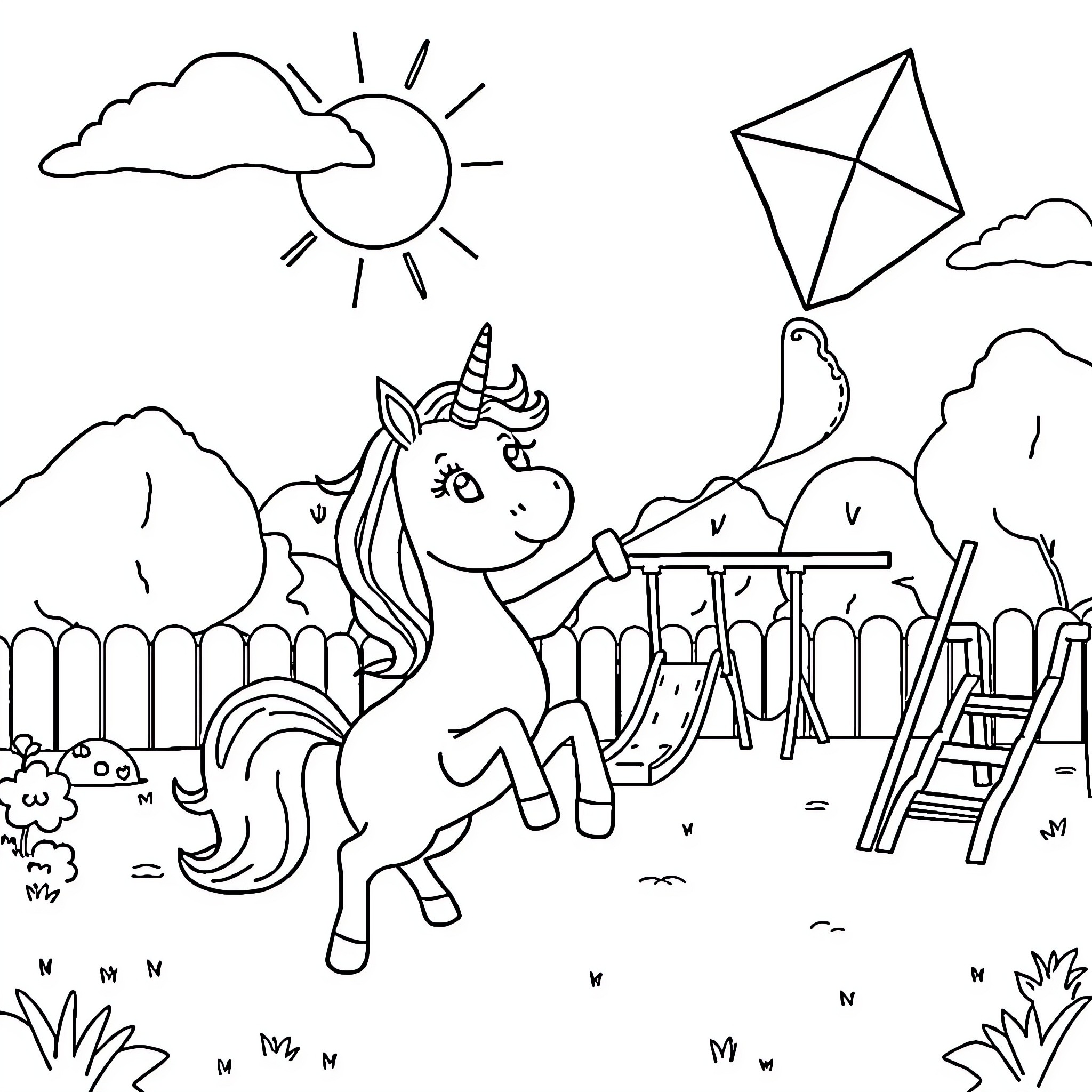 Unicorn playing happily in the park Coloring Page (free black-and-white line drawing printable PDF for all, from beginners to advanced learners, including children, teens, adults, and seniors)