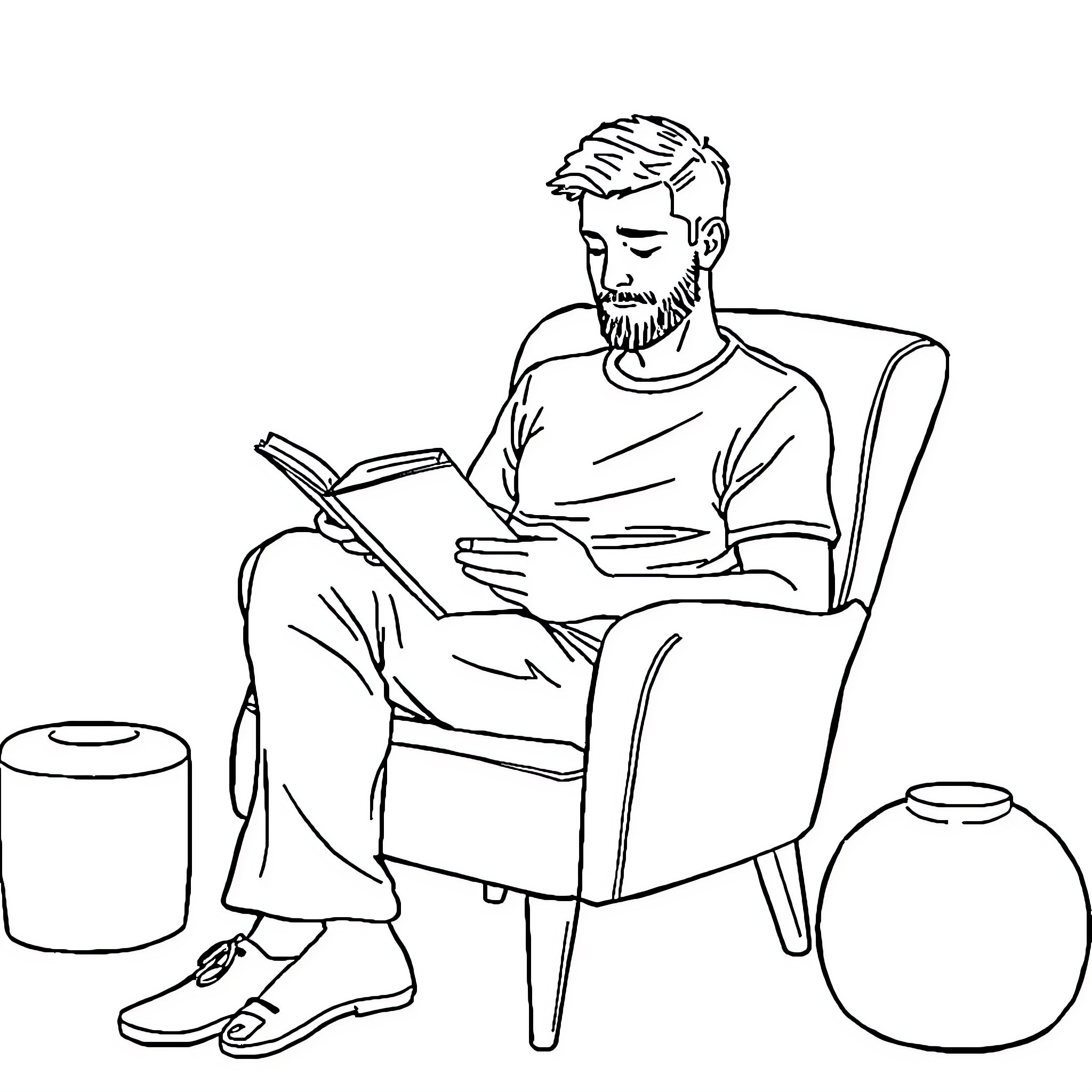 Adult reading book comfortably in armchair Coloring Page (free black-and-white line drawing printable PDF for all, from beginners to advanced learners, including children, teens, adults, and seniors)