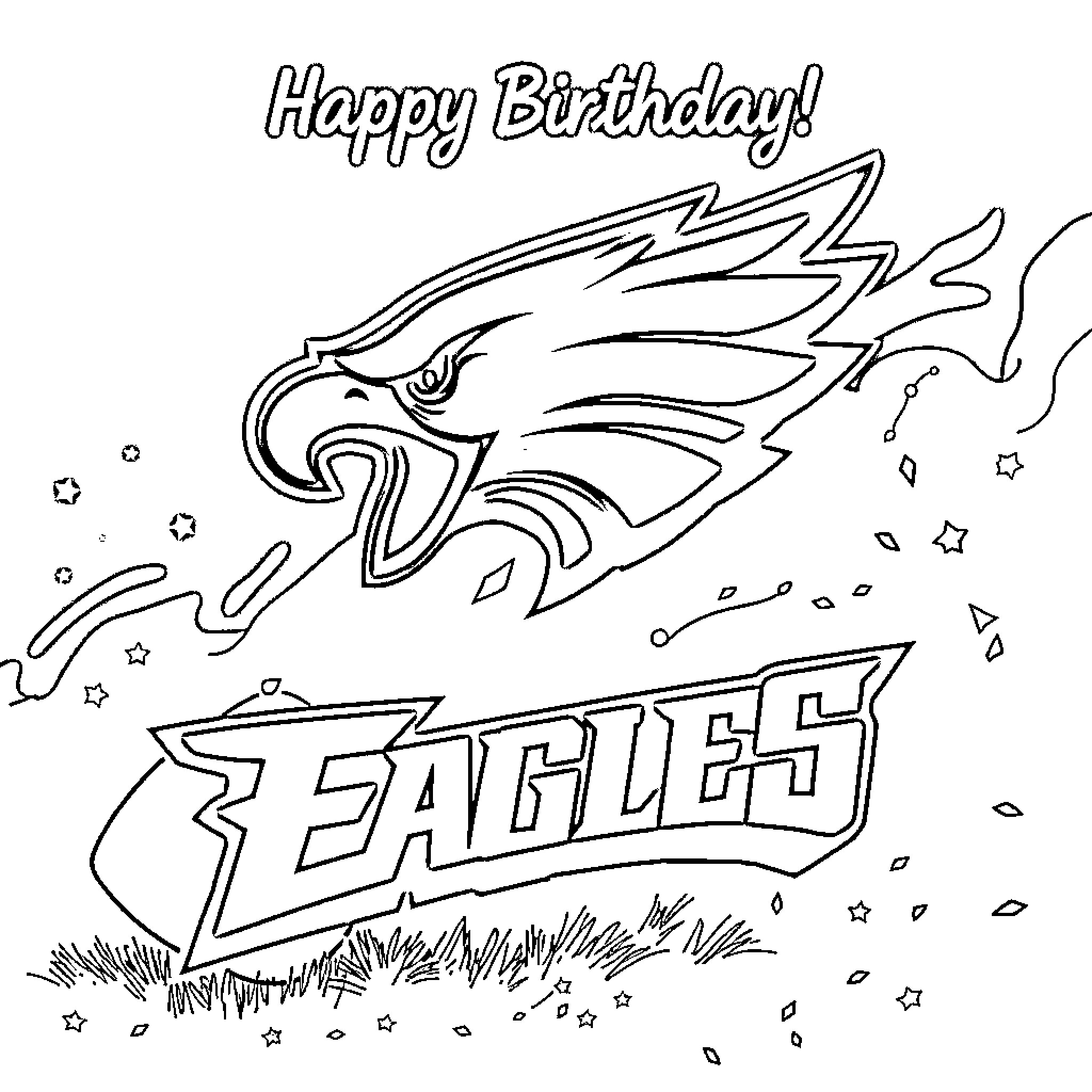 Eagle celebrating birthday with 'Happy Birthday' text Coloring Page (free black-and-white line drawing printable PDF for all, from beginners to advanced learners, including children, teens, adults, and seniors)