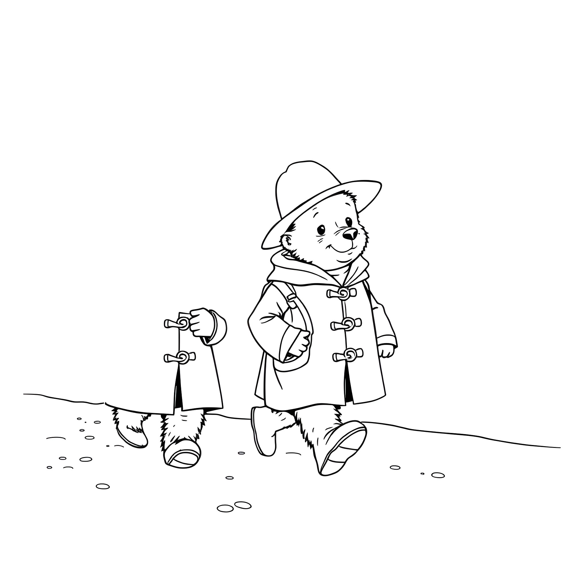 Paddington Bear exploring the outdoors in his signature outfit Coloring Page (free black-and-white line drawing printable PDF for all, from beginners to advanced learners, including children, teens, adults, and seniors)