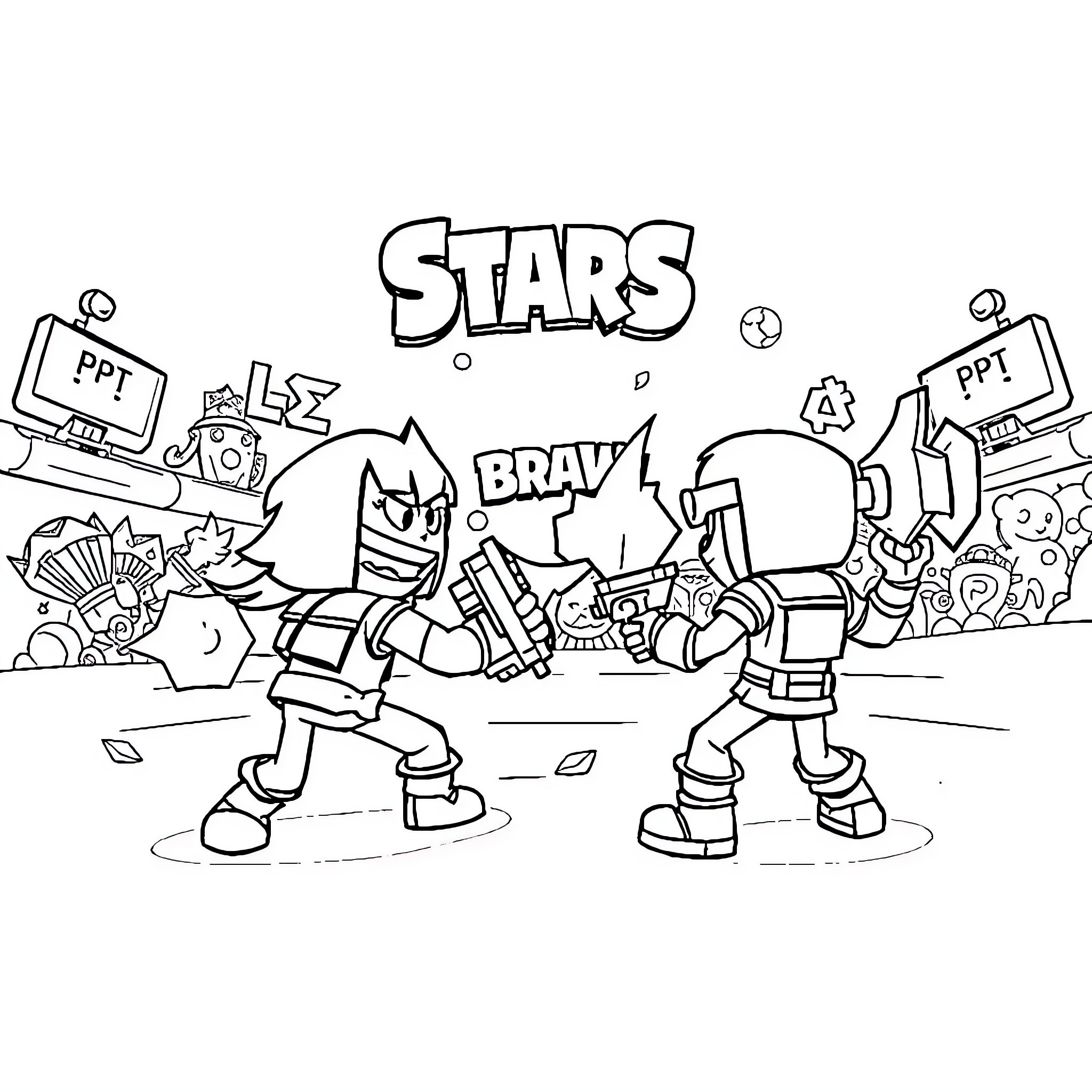 Brawl Stars characters engaged in a battle Coloring Page (free black-and-white line drawing printable PDF for all, from beginners to advanced learners, including children, teens, adults, and seniors)