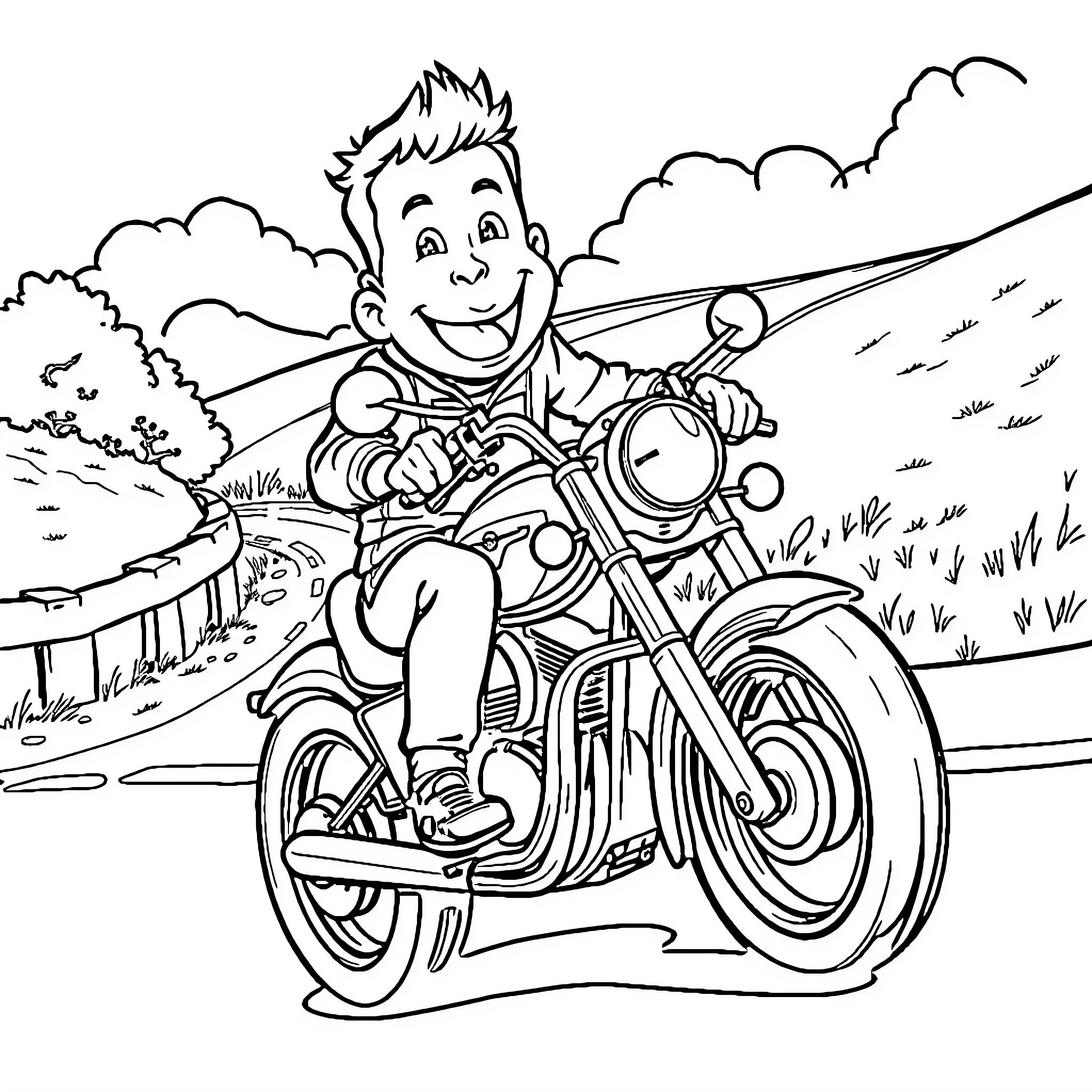 Charlie riding a motorcycle happily on the road Coloring Page (free black-and-white line drawing printable PDF for all, from beginners to advanced learners, including children, teens, adults, and seniors)