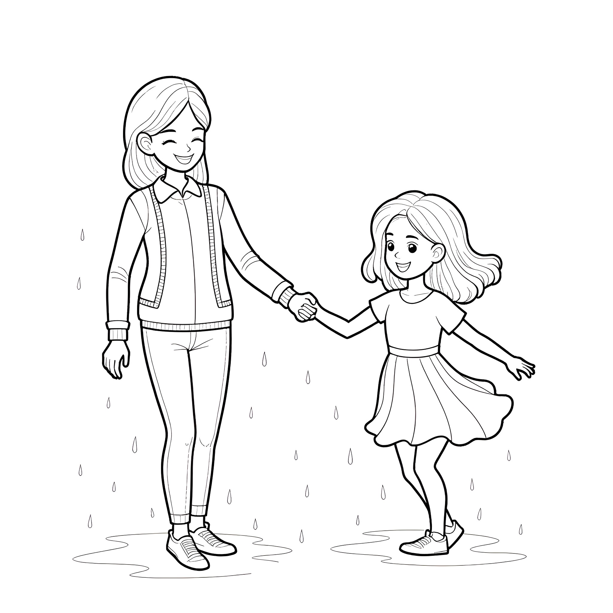 Kid walking in the rain with a friend Coloring Page (free black-and-white line drawing printable PDF for all, from beginners to advanced learners, including children, teens, adults, and seniors)
