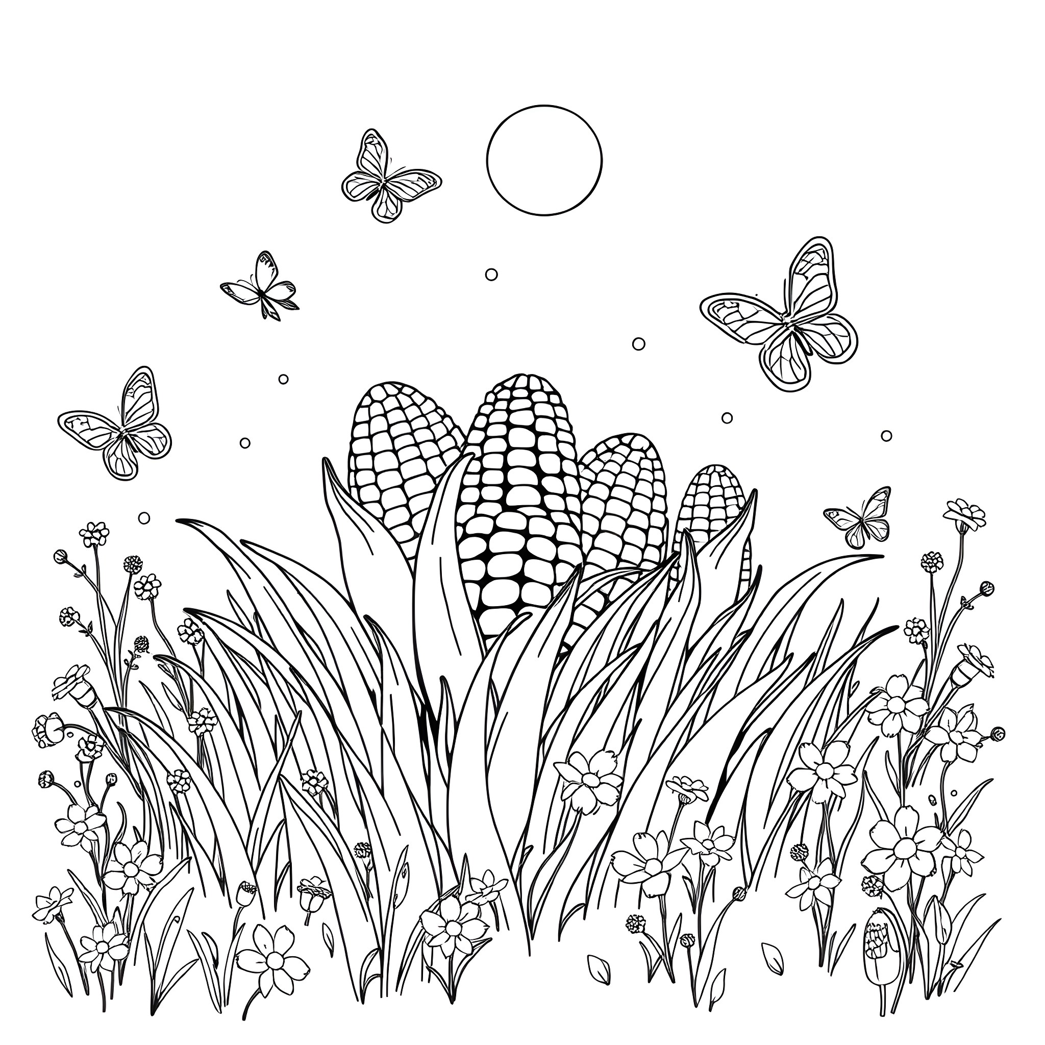 Corn field surrounded by butterflies and flowers Coloring Page (free black-and-white line drawing printable PDF for all, from beginners to advanced learners, including children, teens, adults, and seniors)