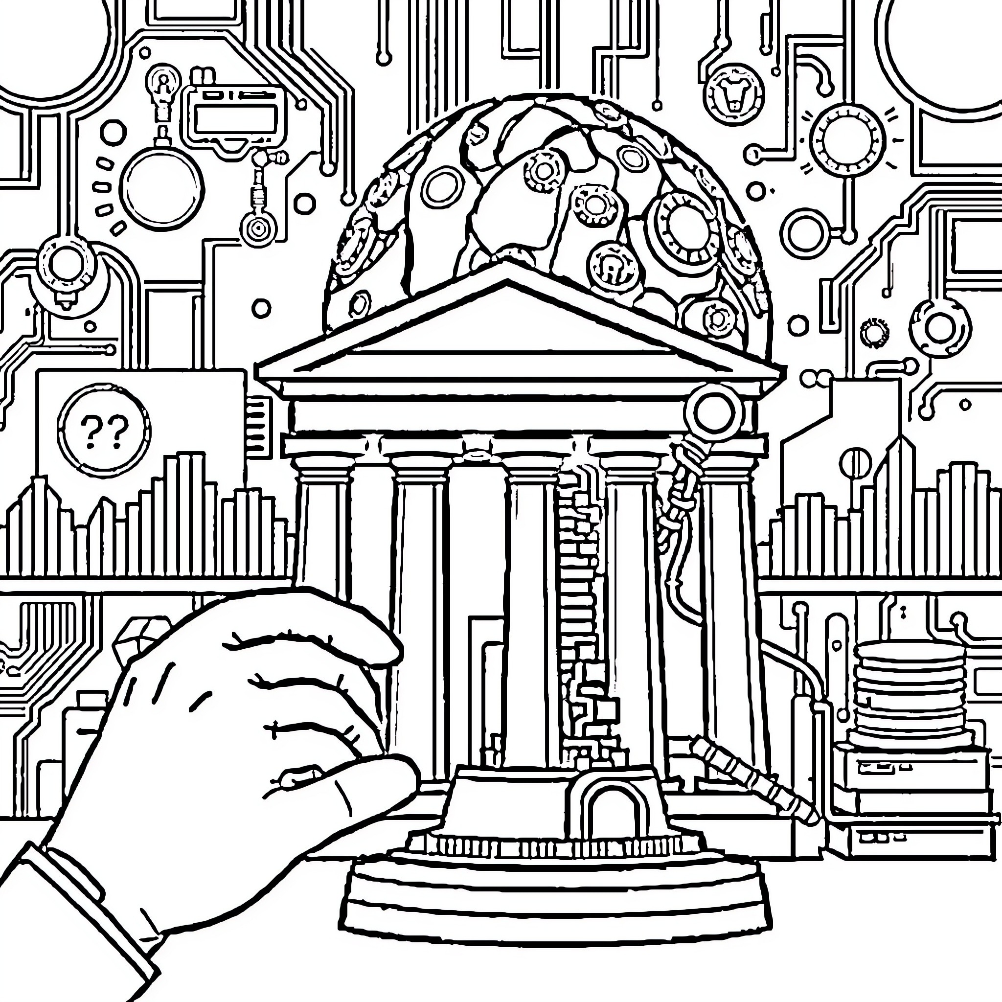 Artificial Intelligence Manipulates and Shapes a Digital World Coloring Page (free black-and-white line drawing printable PDF for all, from beginners to advanced learners, including children, teens, adults, and seniors)