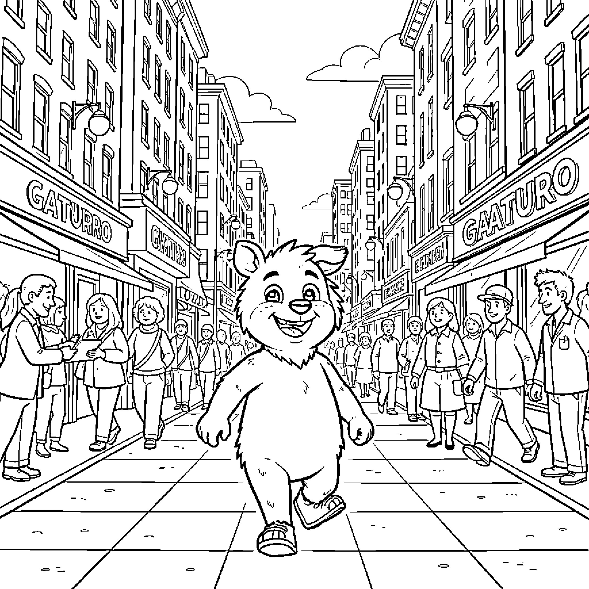 Gaturro exploring the bustling city street Coloring Page (free black-and-white line drawing printable PDF for all, from beginners to advanced learners, including children, teens, adults, and seniors)