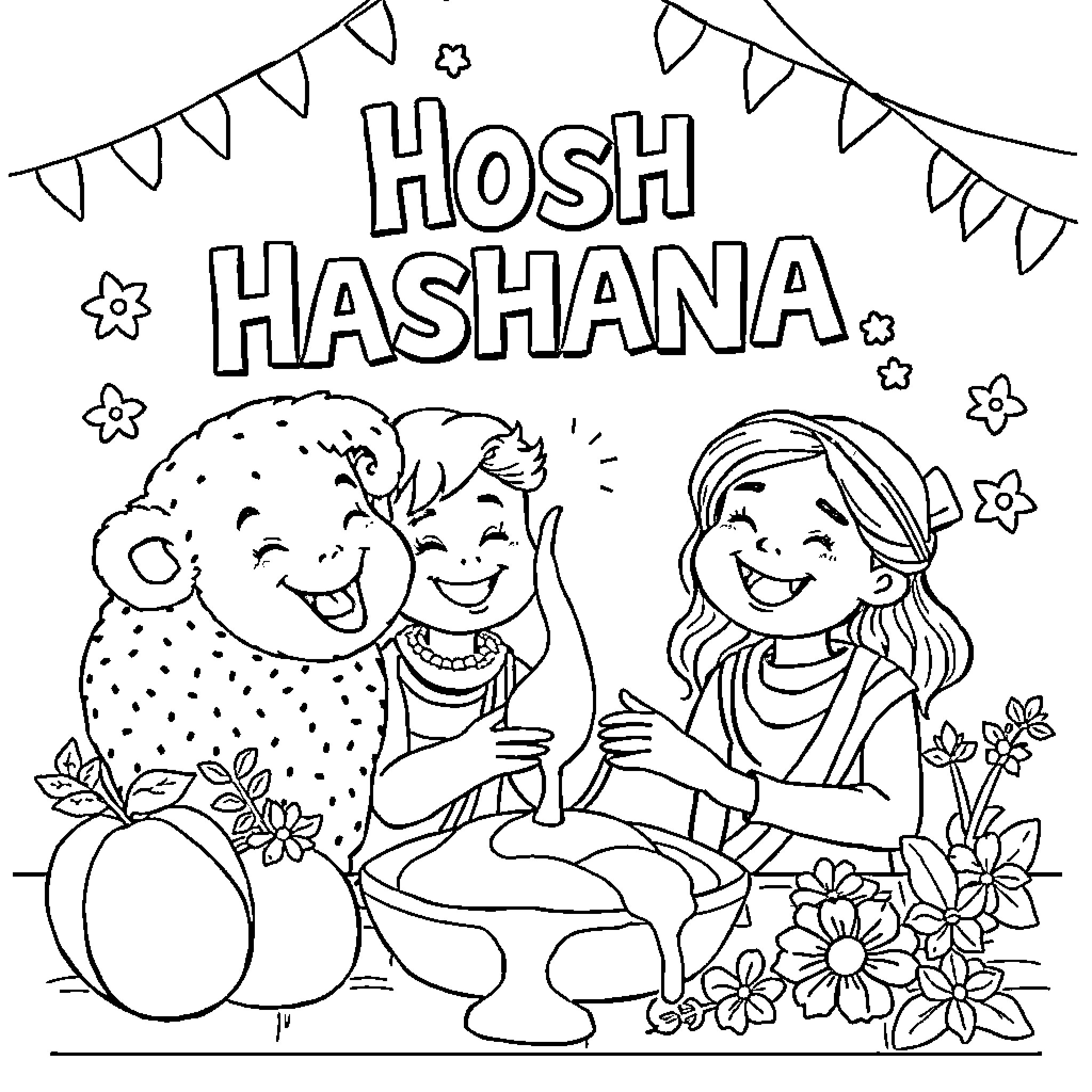 Rosh Hashana celebration with joyful expressions Coloring Page (free black-and-white line drawing printable PDF for all, from beginners to advanced learners, including children, teens, adults, and seniors)