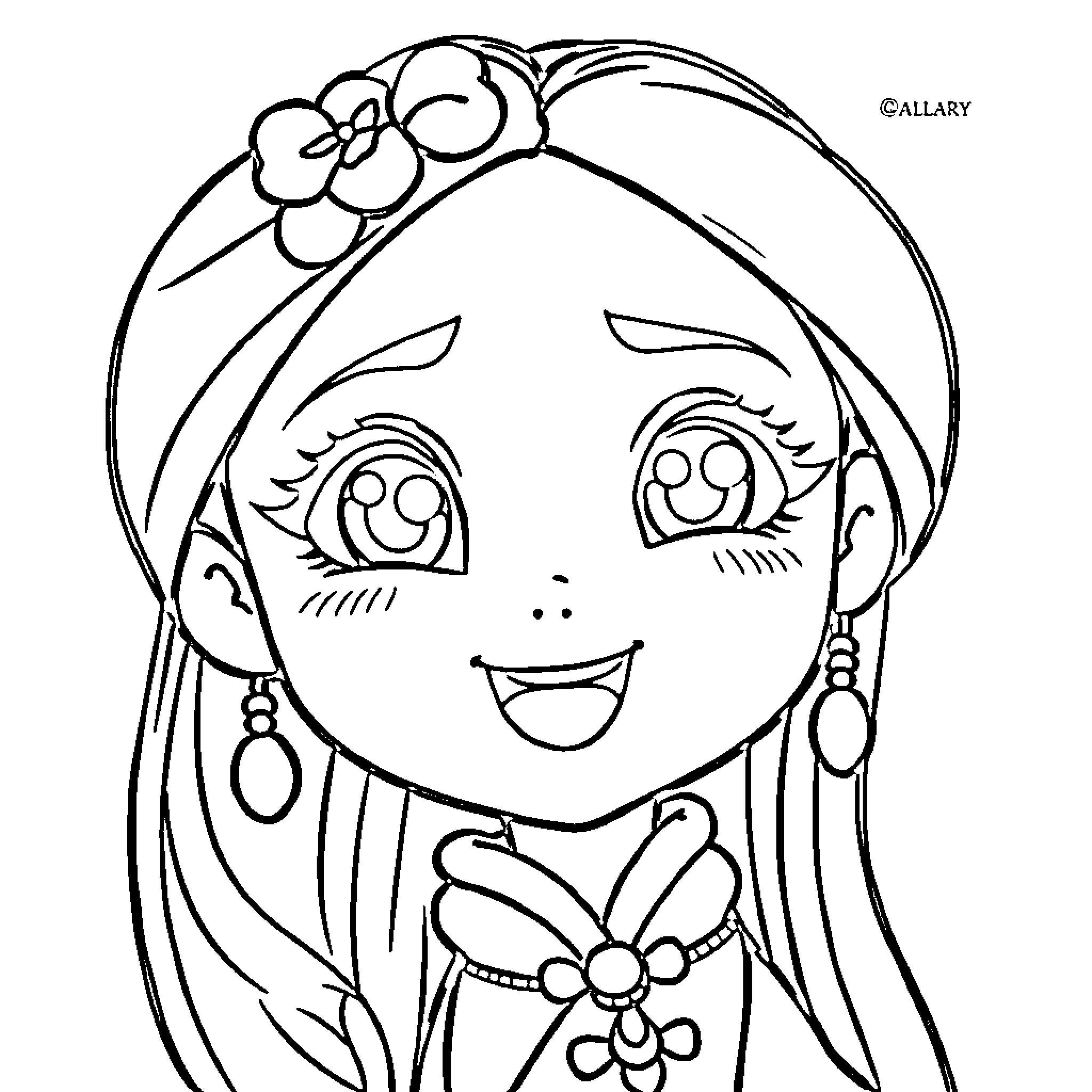 Mulan portrait with flower crown and happy expression Coloring Page (free black-and-white line drawing printable PDF for all, from beginners to advanced learners, including children, teens, adults, and seniors)