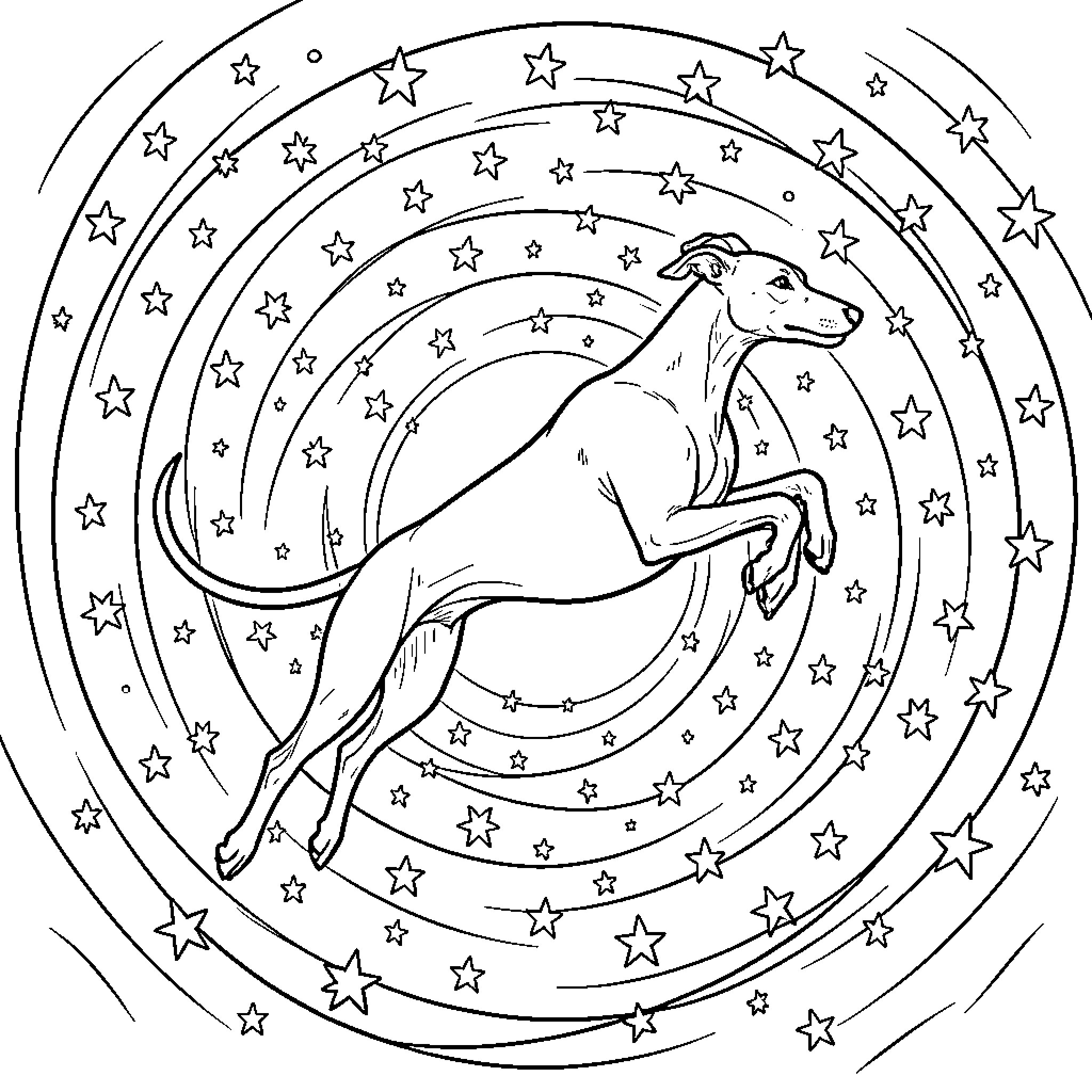 Greyhound leaping through a magical swirling star pattern Coloring Page (free black-and-white line drawing printable PDF for all, from beginners to advanced learners, including children, teens, adults, and seniors)