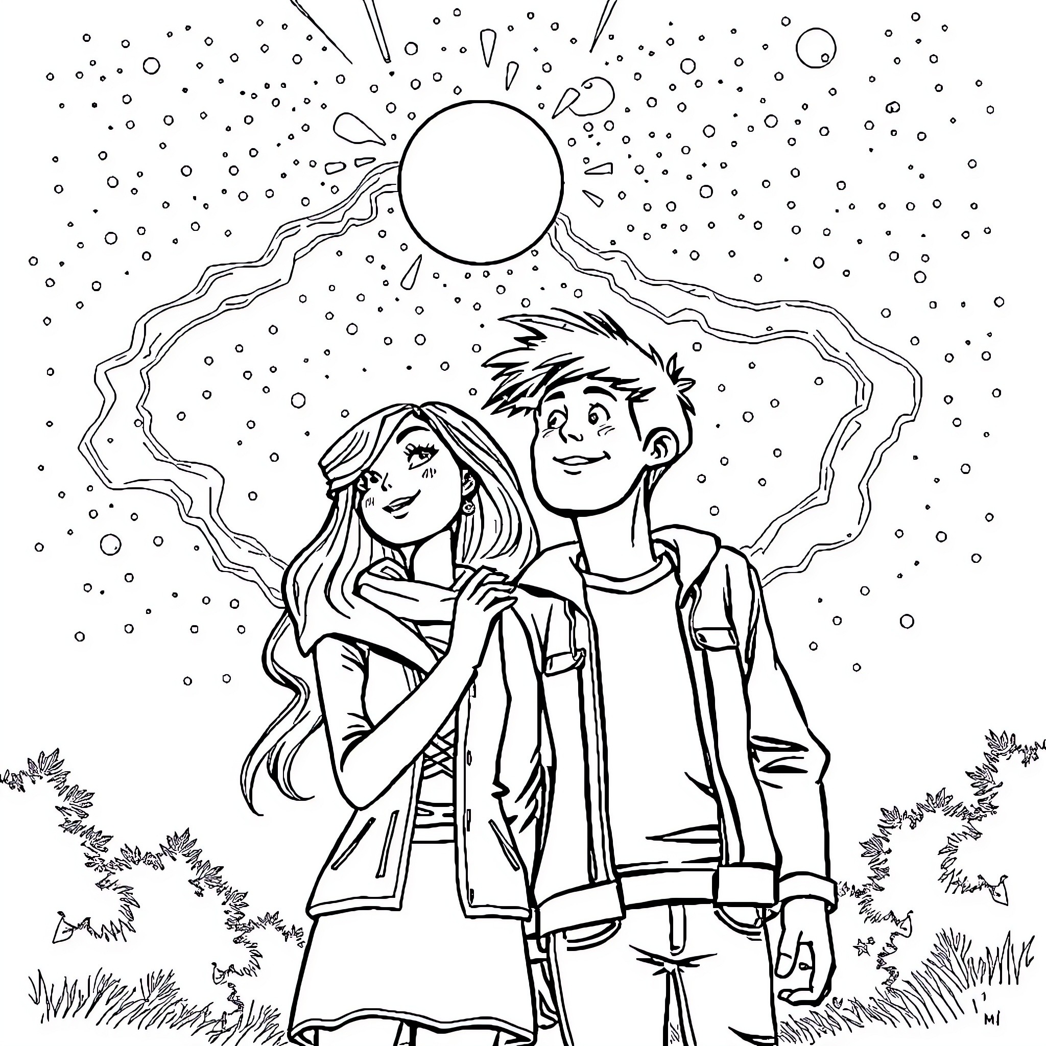 Miss Parker and her companion explore the starry night Coloring Page (free black-and-white line drawing printable PDF for all, from beginners to advanced learners, including children, teens, adults, and seniors)