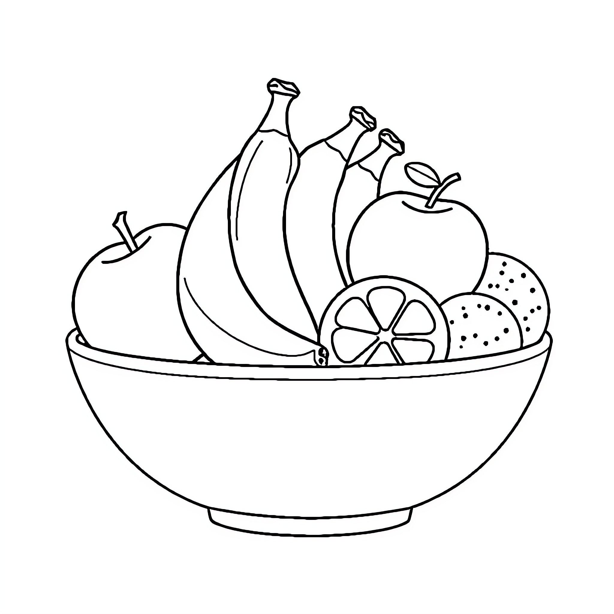 Fruit arranged in a bowl Coloring Page (free black-and-white line drawing printable PDF for all, from beginners to advanced learners, including children, teens, adults, and seniors)