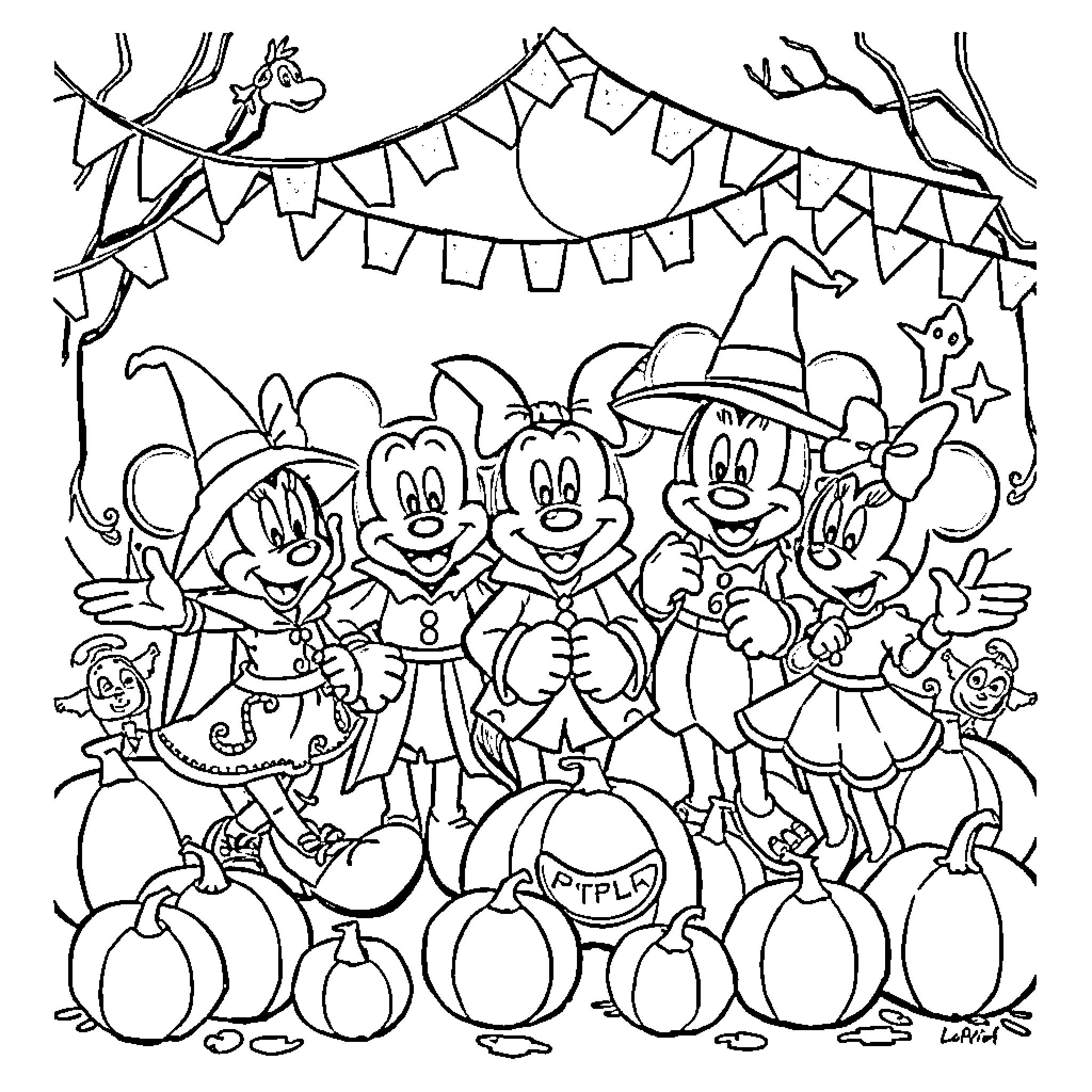 Disney Characters Celebrate Halloween Together Coloring Page (free black-and-white line drawing printable PDF for all, from beginners to advanced learners, including children, teens, adults, and seniors)