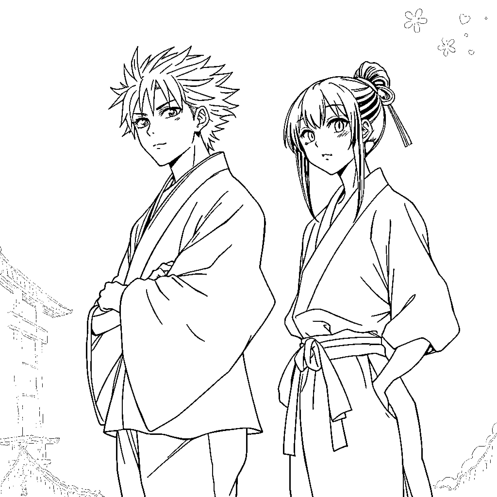 Megumi Fushiguro in traditional Japanese attire with a companion Coloring Page (free black-and-white line drawing printable PDF for all, from beginners to advanced learners, including children, teens, adults, and seniors)