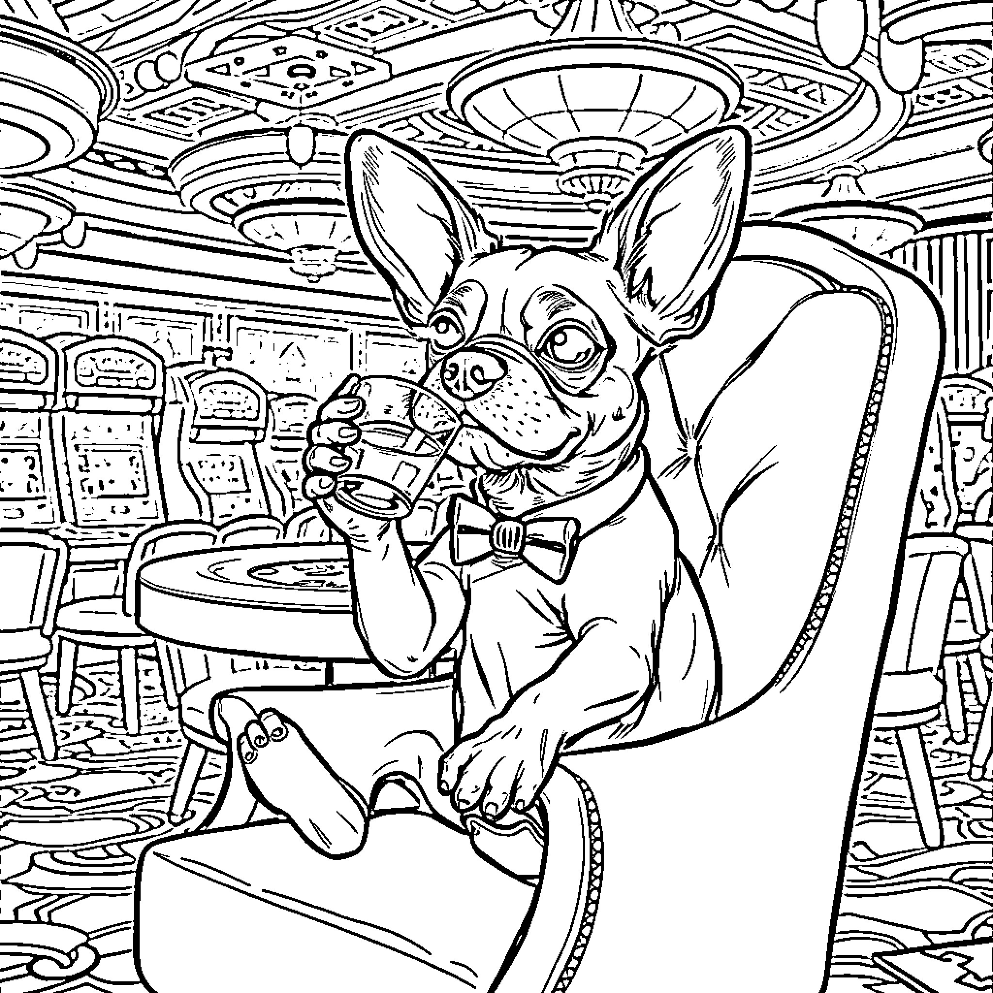 Dog Enjoying a Drink at the Casino Coloring Page (free black-and-white line drawing printable PDF for all, from beginners to advanced learners, including children, teens, adults, and seniors)