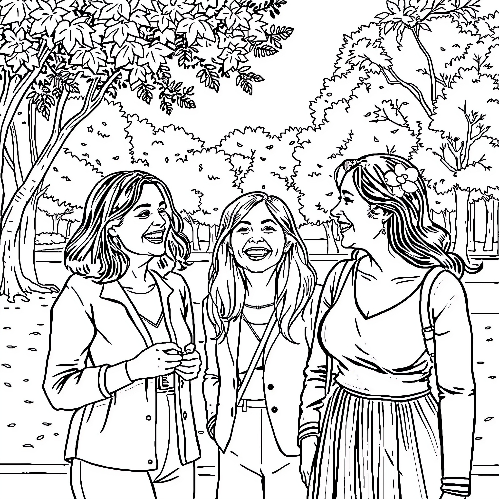 Women enjoying a conversation in the park Coloring Page (free black-and-white line drawing printable PDF for all, from beginners to advanced learners, including children, teens, adults, and seniors)
