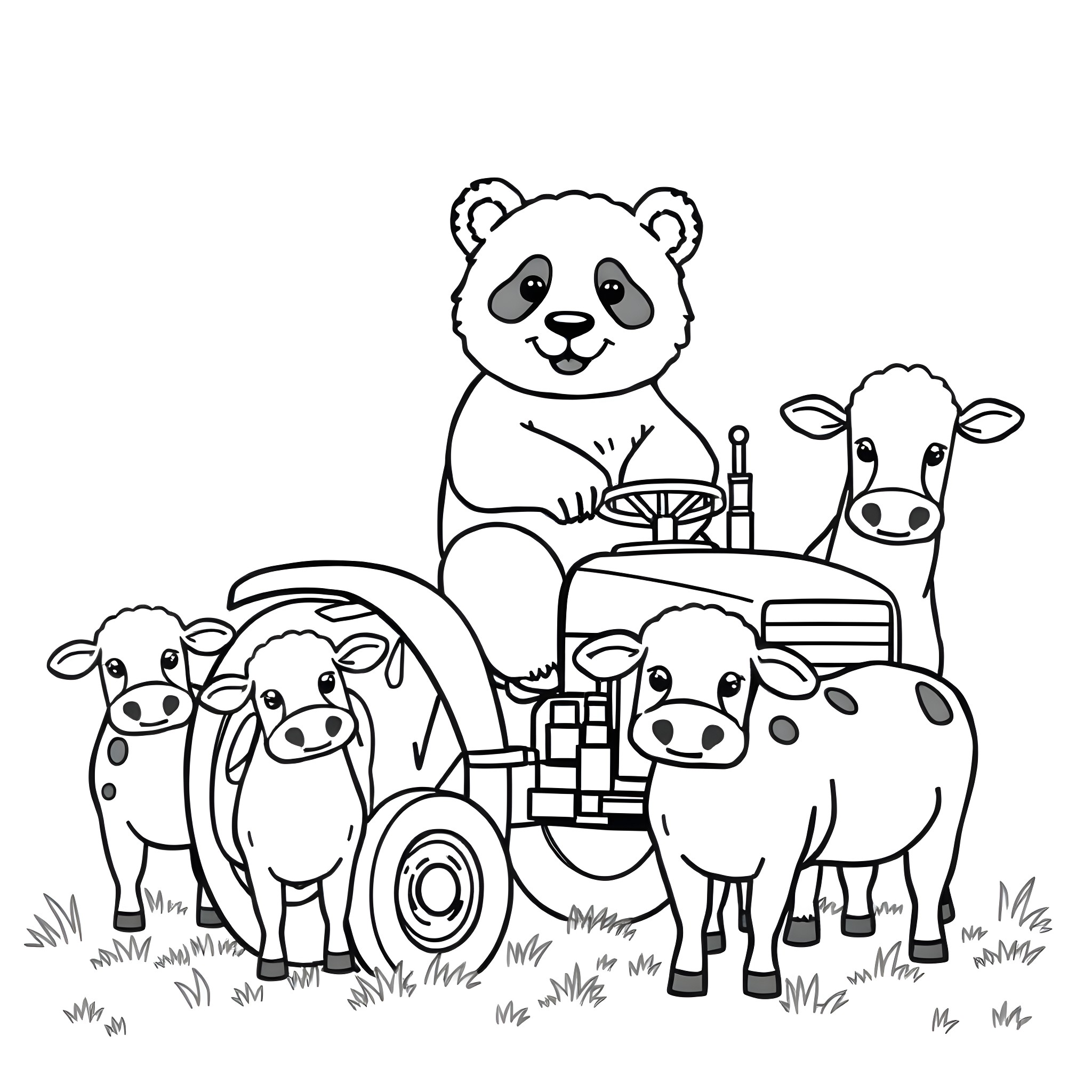 Panda and farm animals on tractor Coloring Page (free black-and-white line drawing printable PDF for all, from beginners to advanced learners, including children, teens, adults, and seniors)