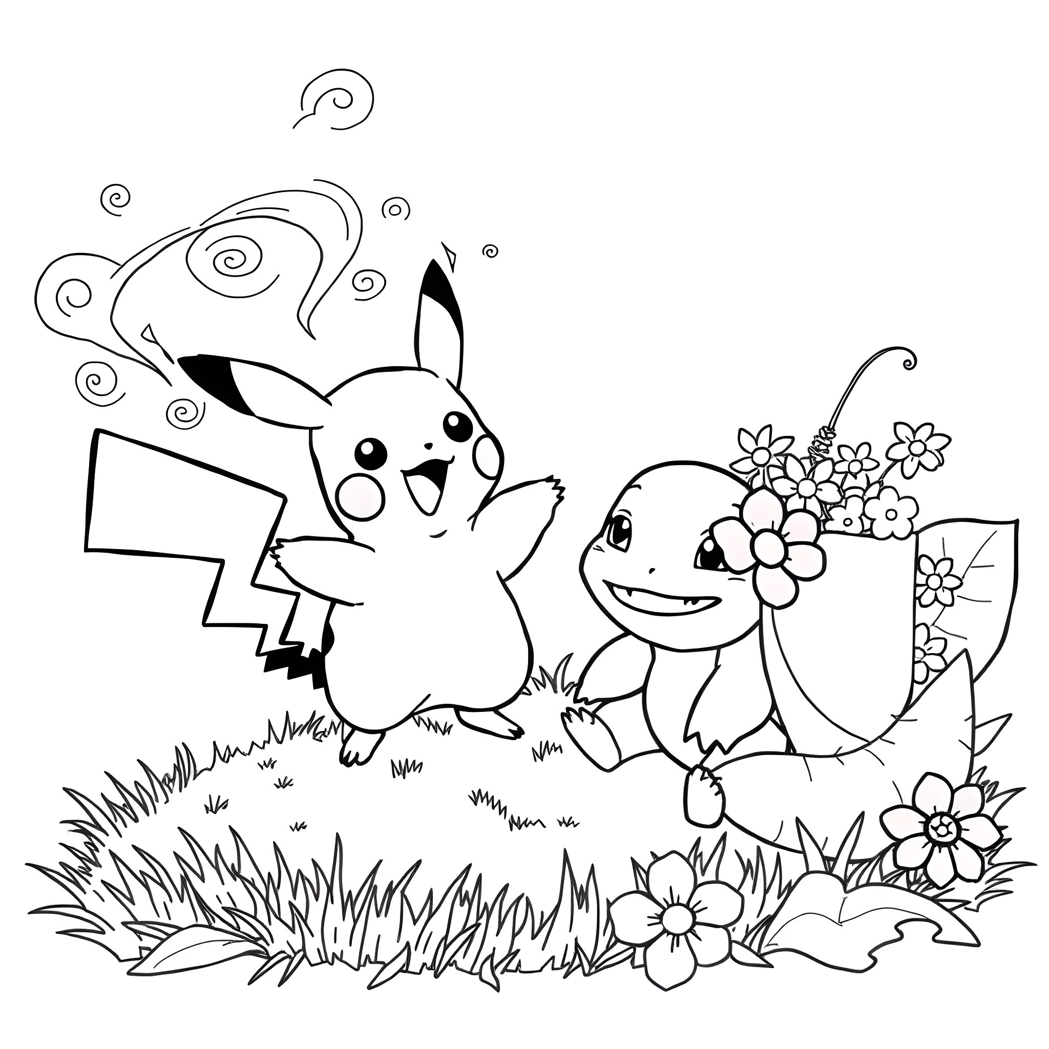 Pikachu playing happily with friends in nature Coloring Page (free black-and-white line drawing printable PDF for all, from beginners to advanced learners, including children, teens, adults, and seniors)