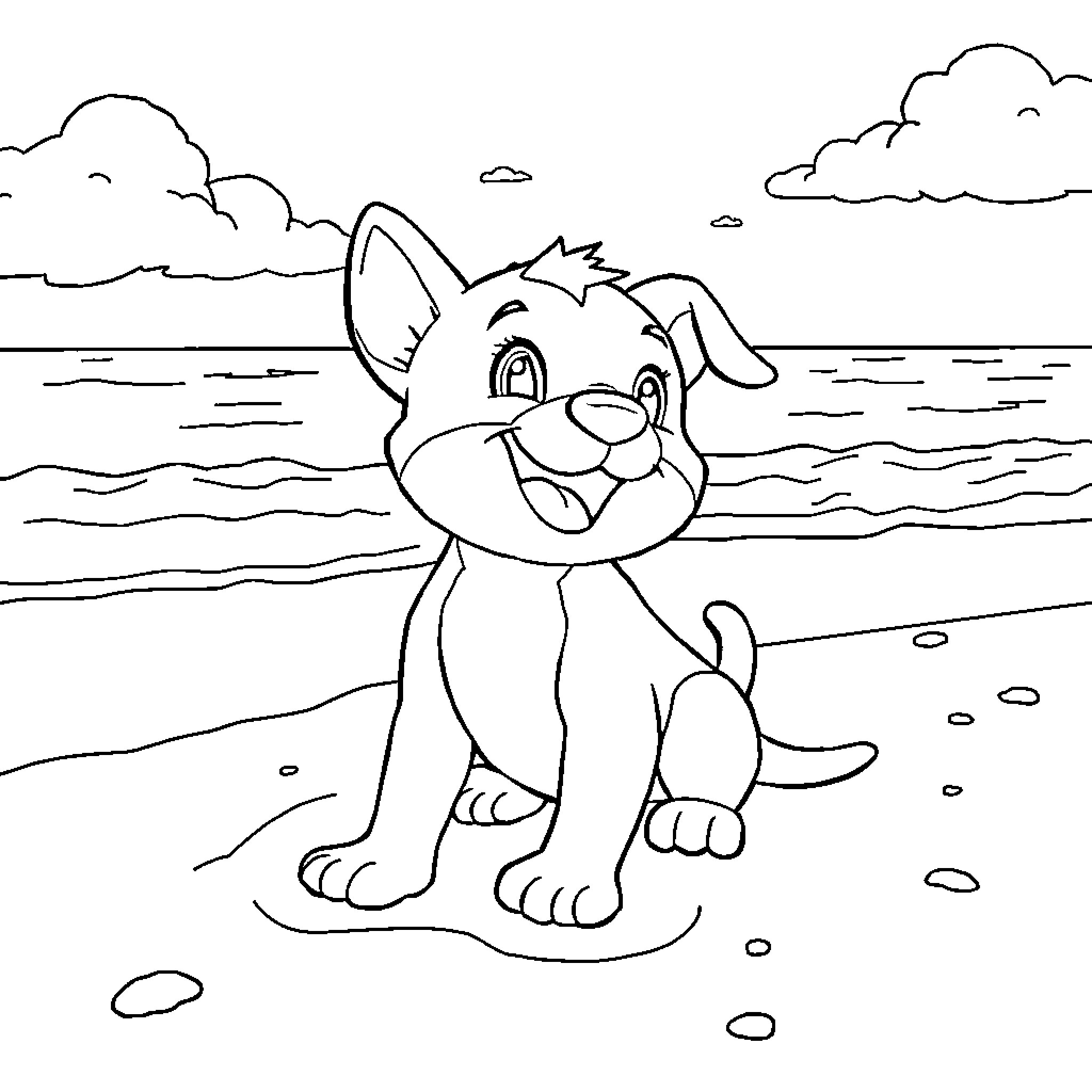 Bluey playing happily on the beach Coloring Page (free black-and-white line drawing printable PDF for all, from beginners to advanced learners, including children, teens, adults, and seniors)