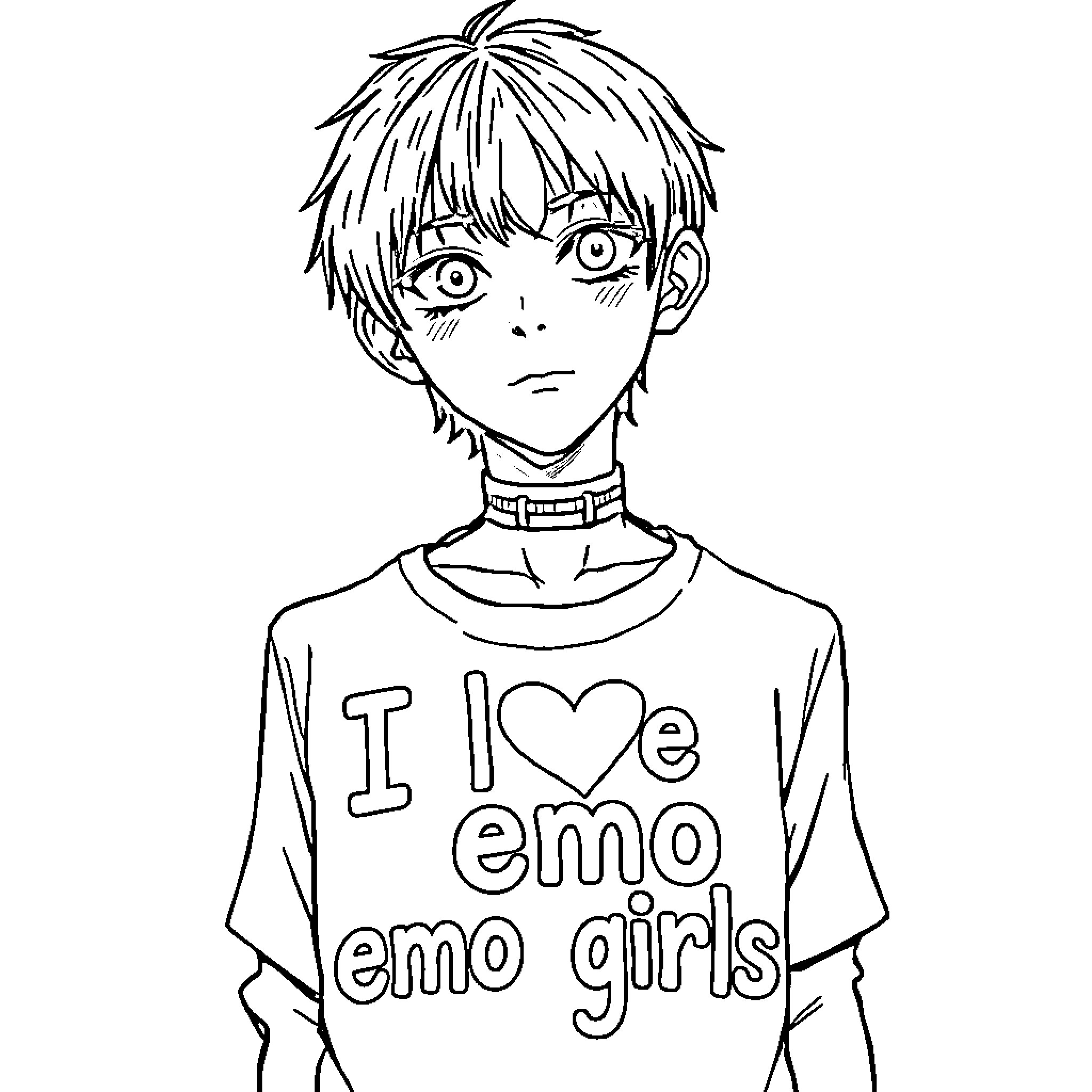 Emo Boy with Expressive Face and I Love Emo Girls Shirt Coloring Page (free black-and-white line drawing printable PDF for all, from beginners to advanced learners, including children, teens, adults, and seniors)