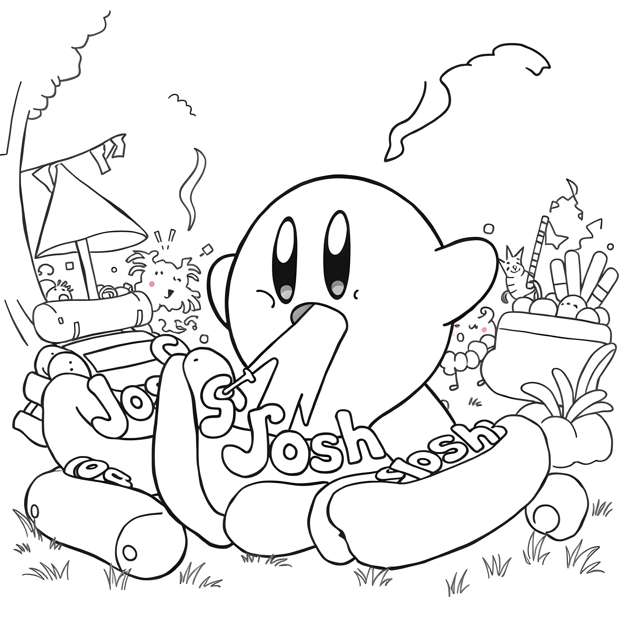 Kirby exploring a whimsical, playful scene Coloring Page (free black-and-white line drawing printable PDF for all, from beginners to advanced learners, including children, teens, adults, and seniors)