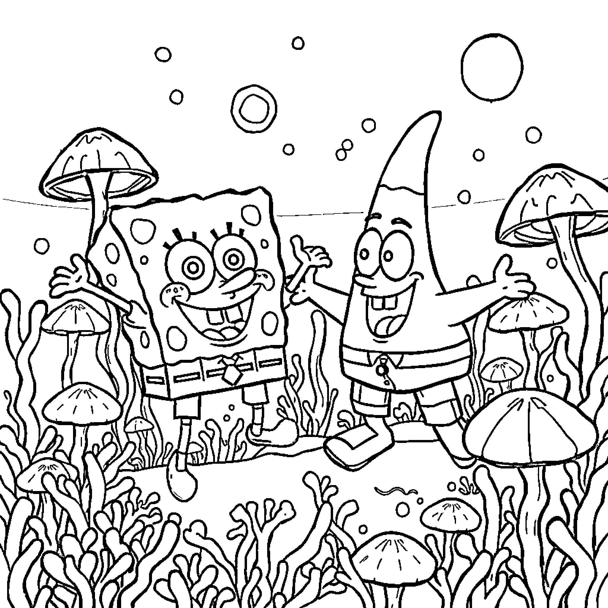 Spongebob and friends in an underwater adventure Coloring Page (free black-and-white line drawing printable PDF for all, from beginners to advanced learners, including children, teens, adults, and seniors)
