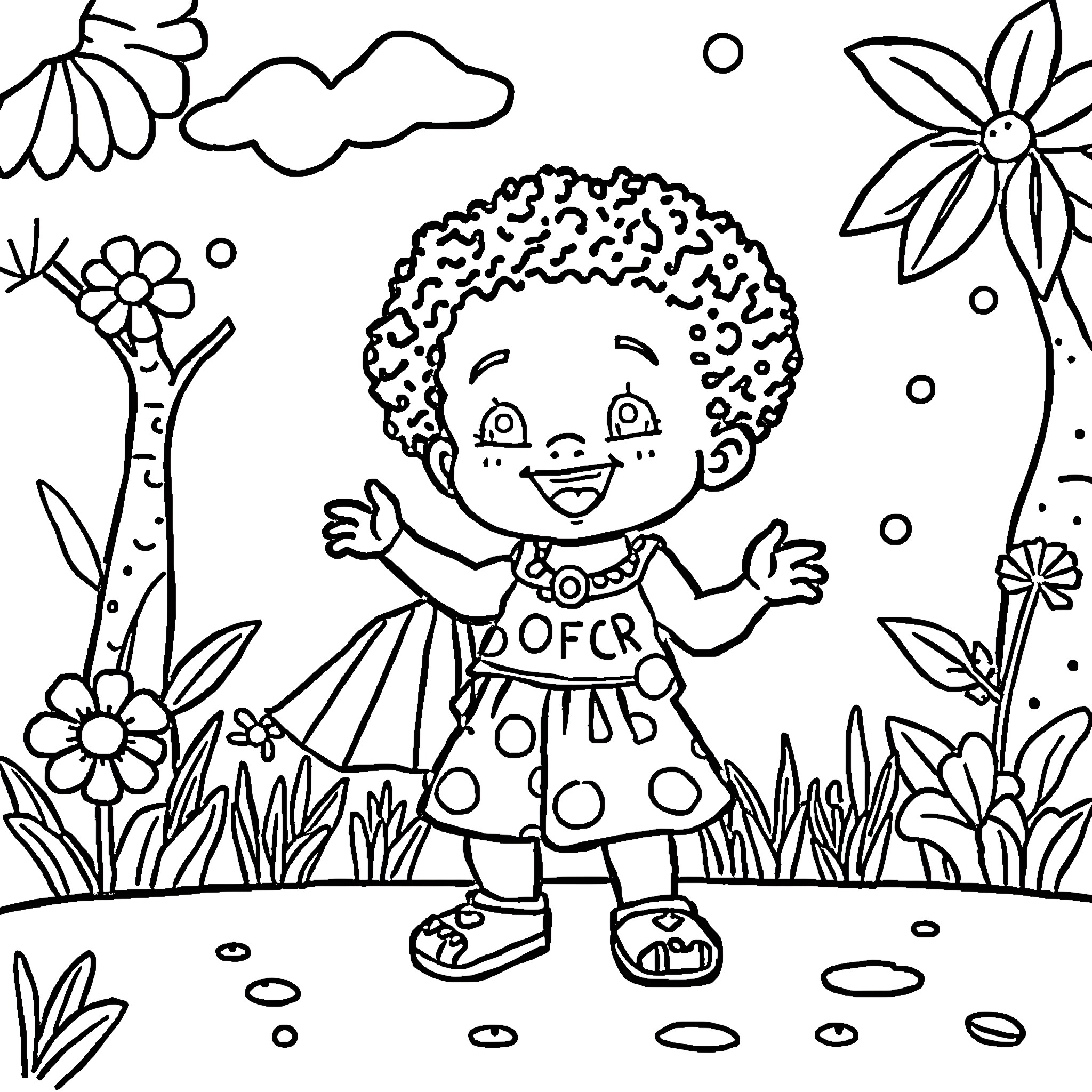 Book of a girl exploring a floral garden Coloring Page (free black-and-white line drawing printable PDF for all, from beginners to advanced learners, including children, teens, adults, and seniors)