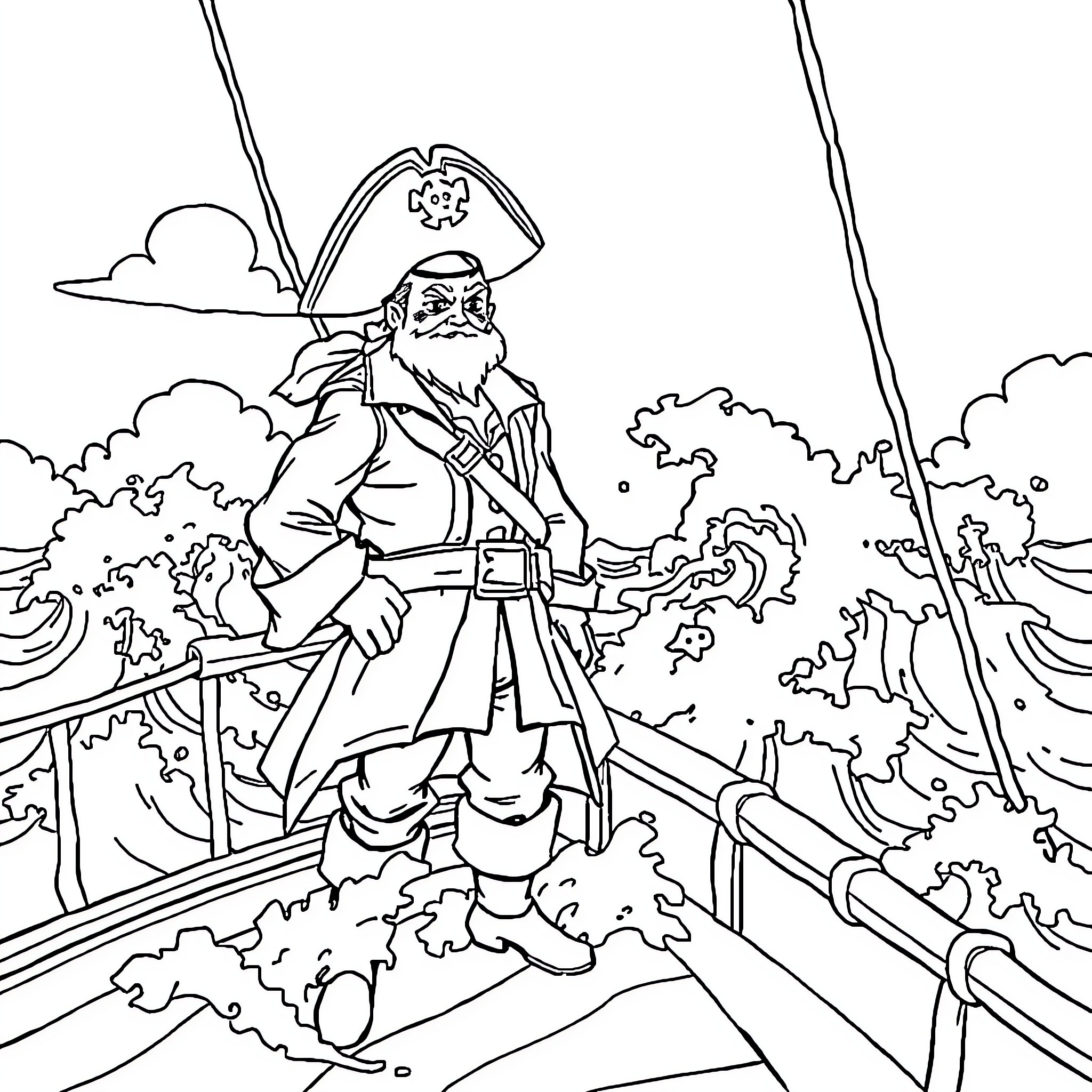 Saturo Gojo on a pirate ship at sea Coloring Page (free black-and-white line drawing printable PDF for all, from beginners to advanced learners, including children, teens, adults, and seniors)