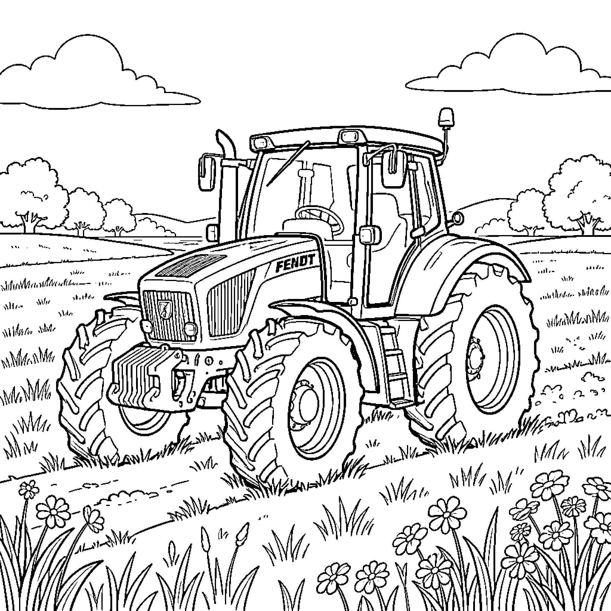 Fendt tractor plowing through verdant fields Coloring Page (free black-and-white line drawing printable PDF for all, from beginners to advanced learners, including children, teens, adults, and seniors)