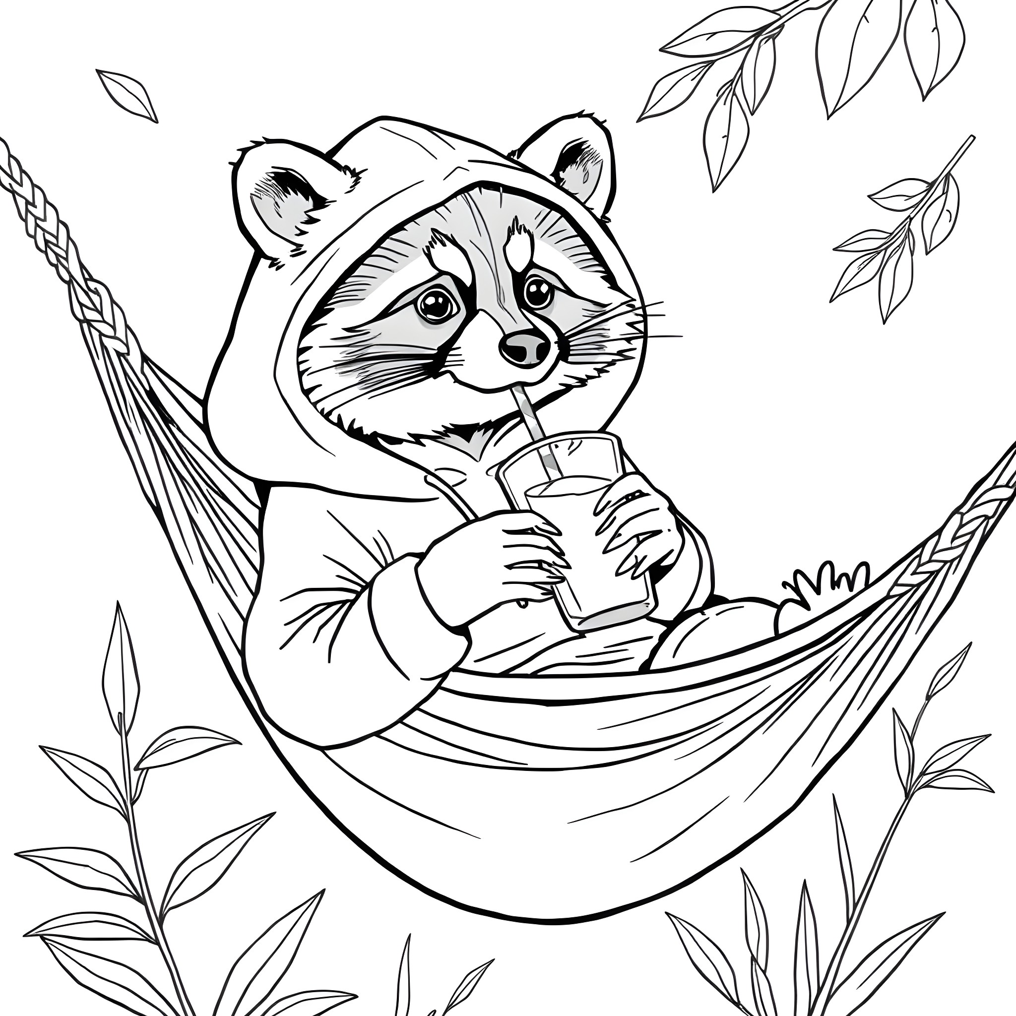 Raccoon relaxing in a hammock with a drink Coloring Page (free black-and-white line drawing printable PDF for all, from beginners to advanced learners, including children, teens, adults, and seniors)