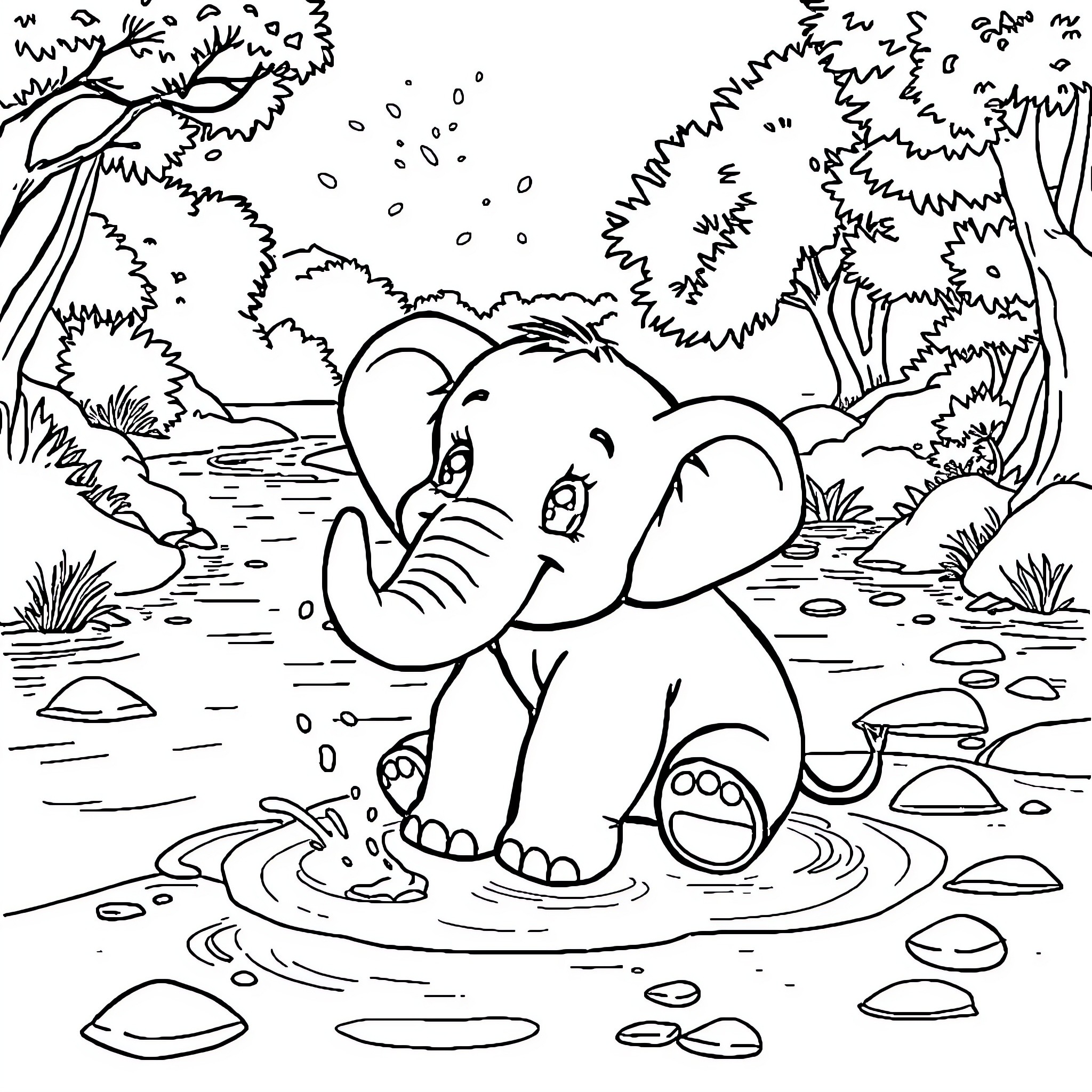 Elephant playing joyfully in the natural environment Coloring Page (free black-and-white line drawing printable PDF for all, from beginners to advanced learners, including children, teens, adults, and seniors)